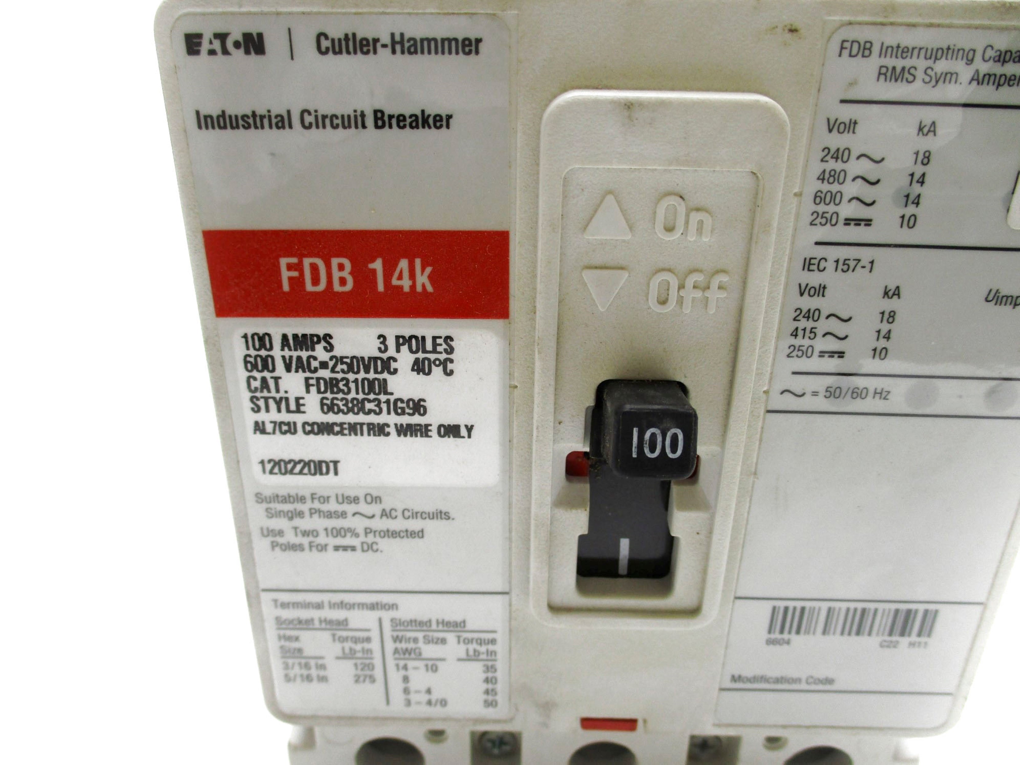 EATON FDB3100L SER. C 100A 600VAC (WHITE) NSMP