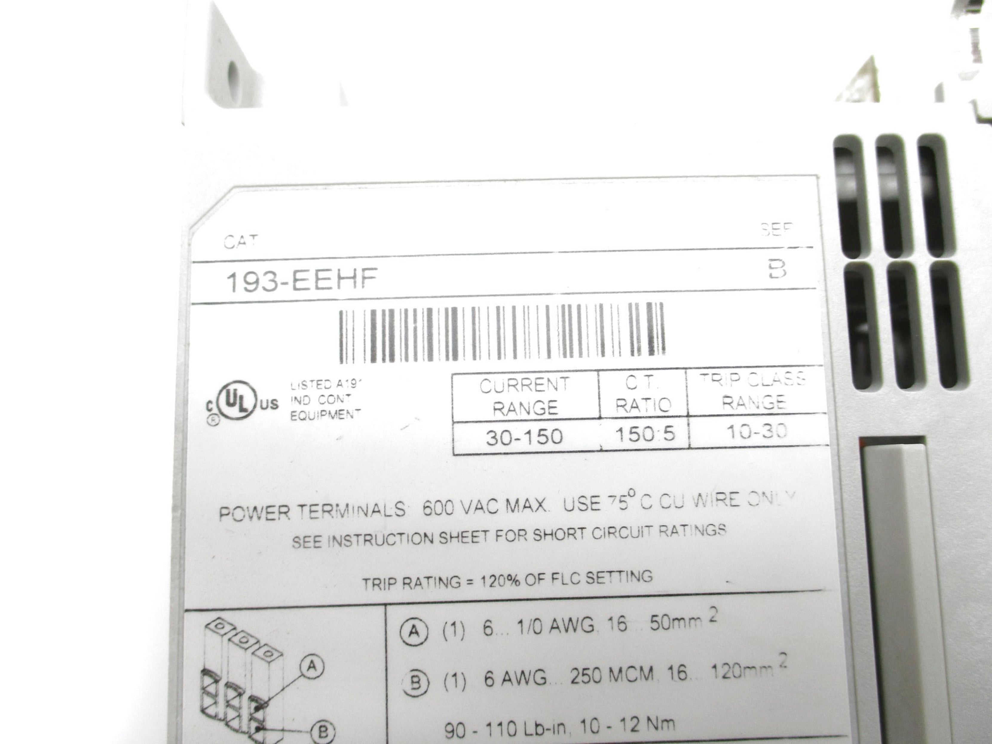 ALLEN BRADLEY 193-EEHF SER. B 600V 30-150A (AS PICTURED) (BR/WH) NSMP