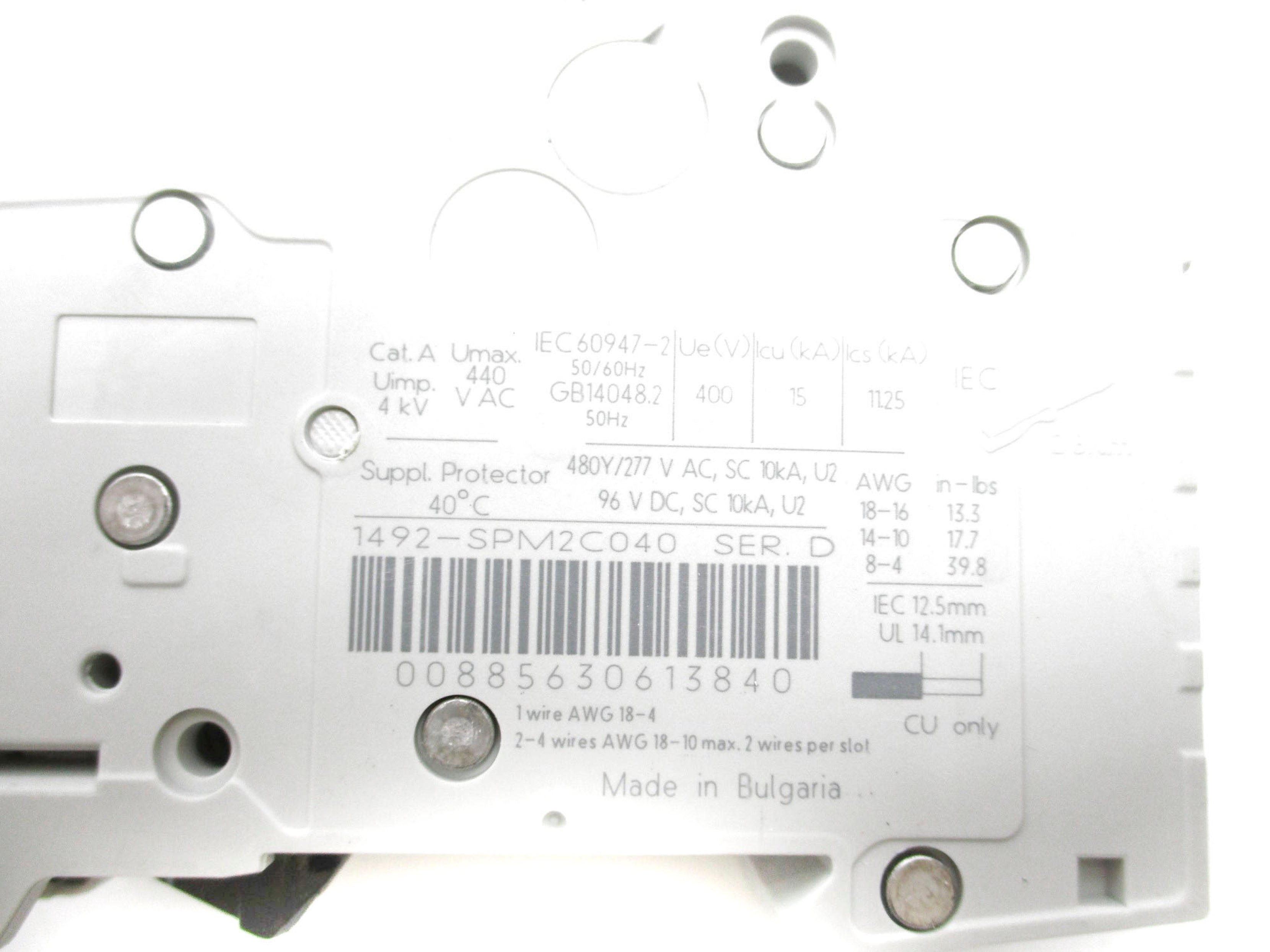 ALLEN BRADLEY 1492-SPM2C040 SER. D 4A 480/277VAC NSMP