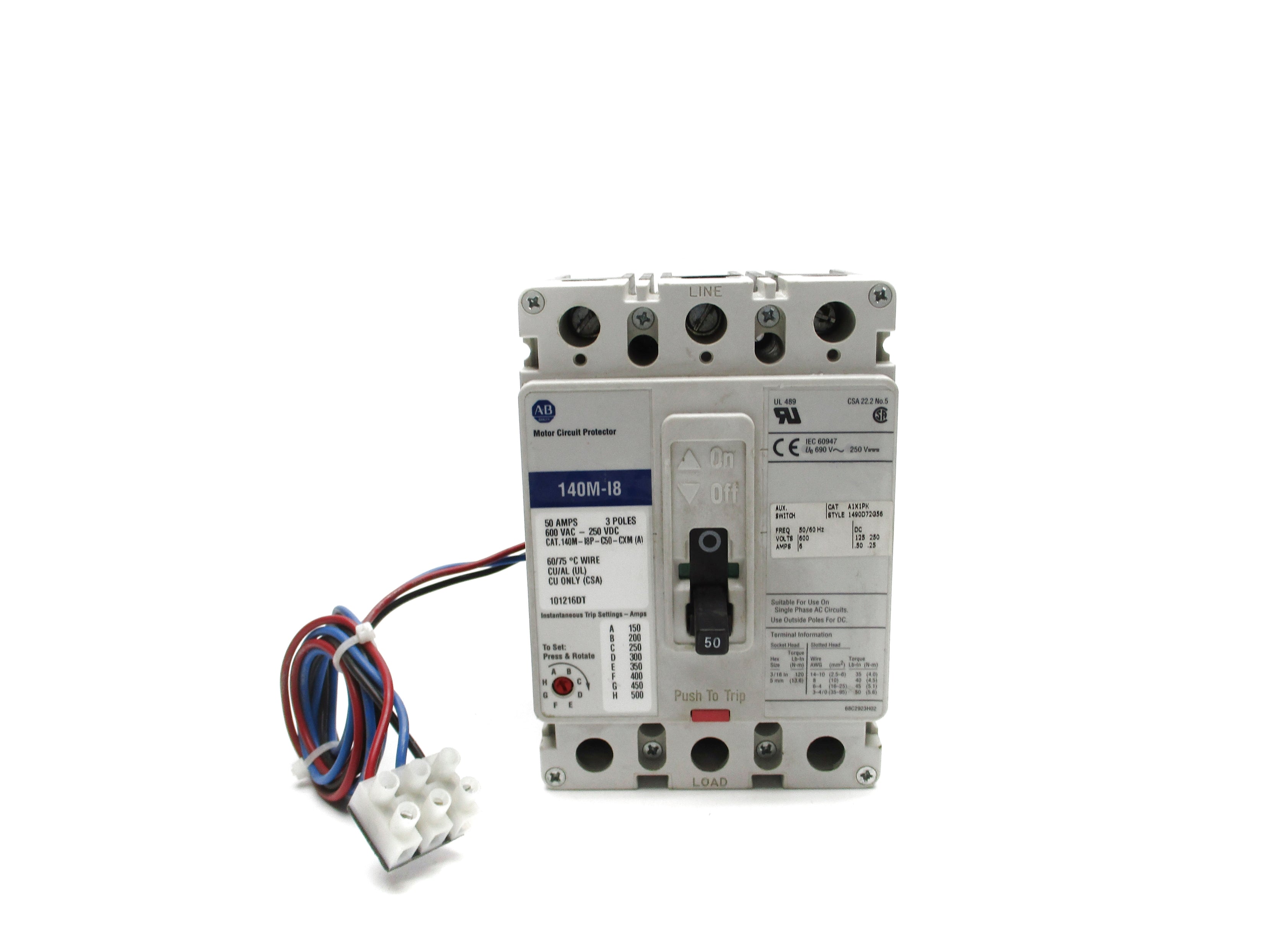 ALLEN BRADLEY 140M-I8P-C50-CXM SER. A 50A 600VAC 250VDC (WHITE) UNMP