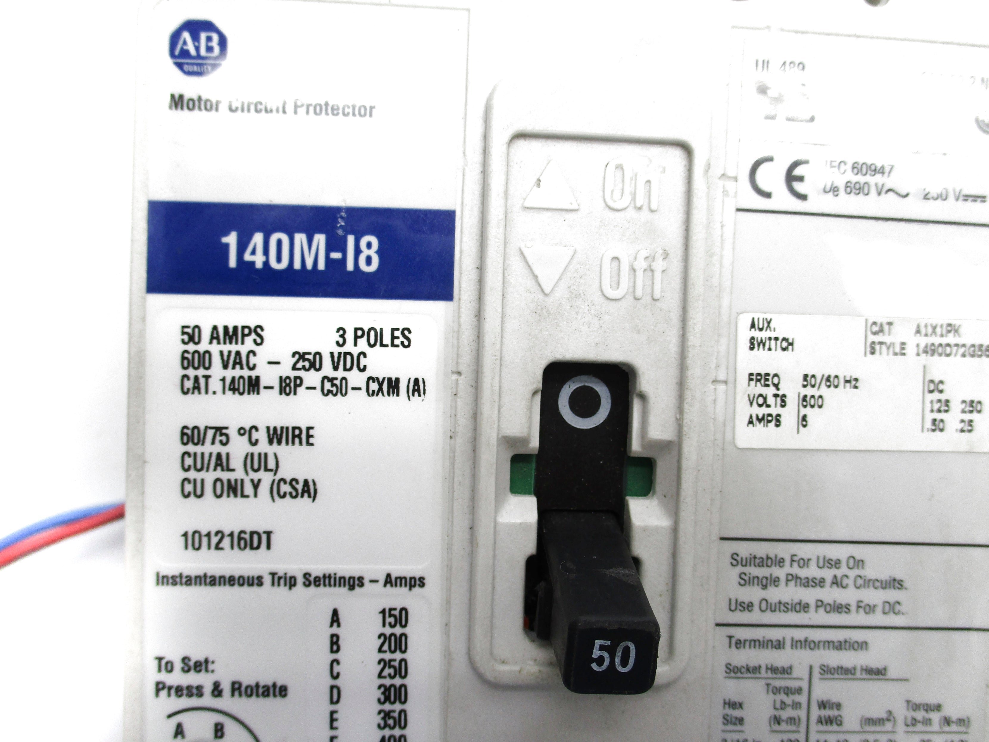 ALLEN BRADLEY 140M-I8P-C50-CXM SER. A 50A 600VAC 250VDC (WHITE) UNMP
