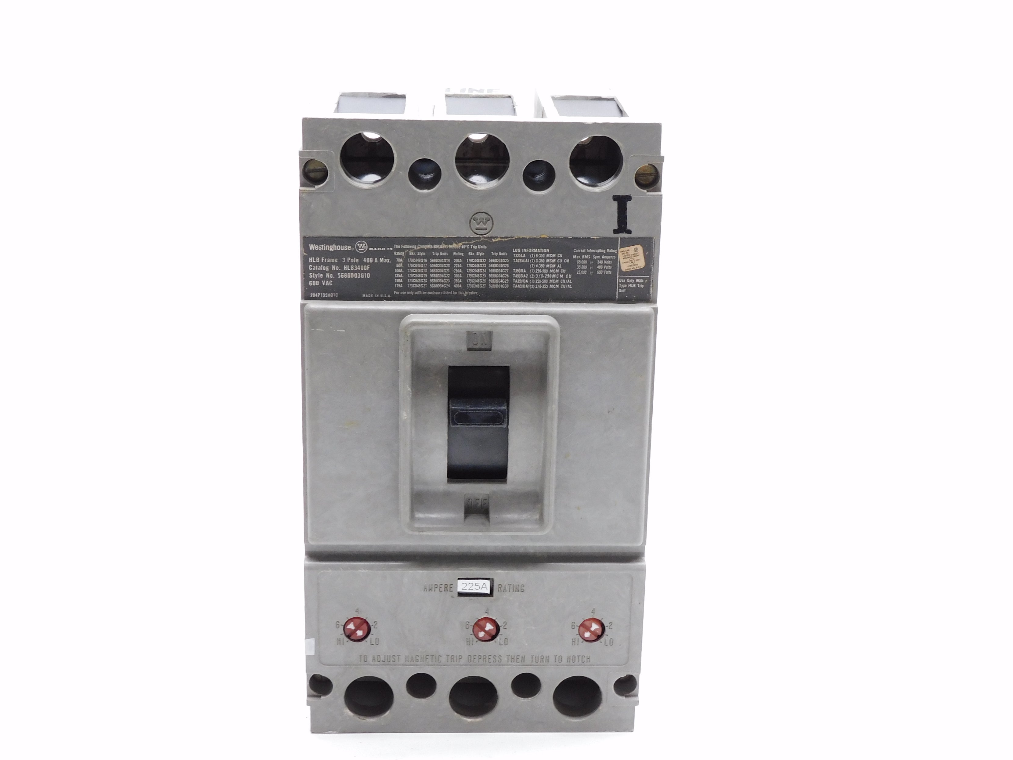 WESTINGHOUSE HLB3225 225A 600VAC (AS PICTURED) UNMP