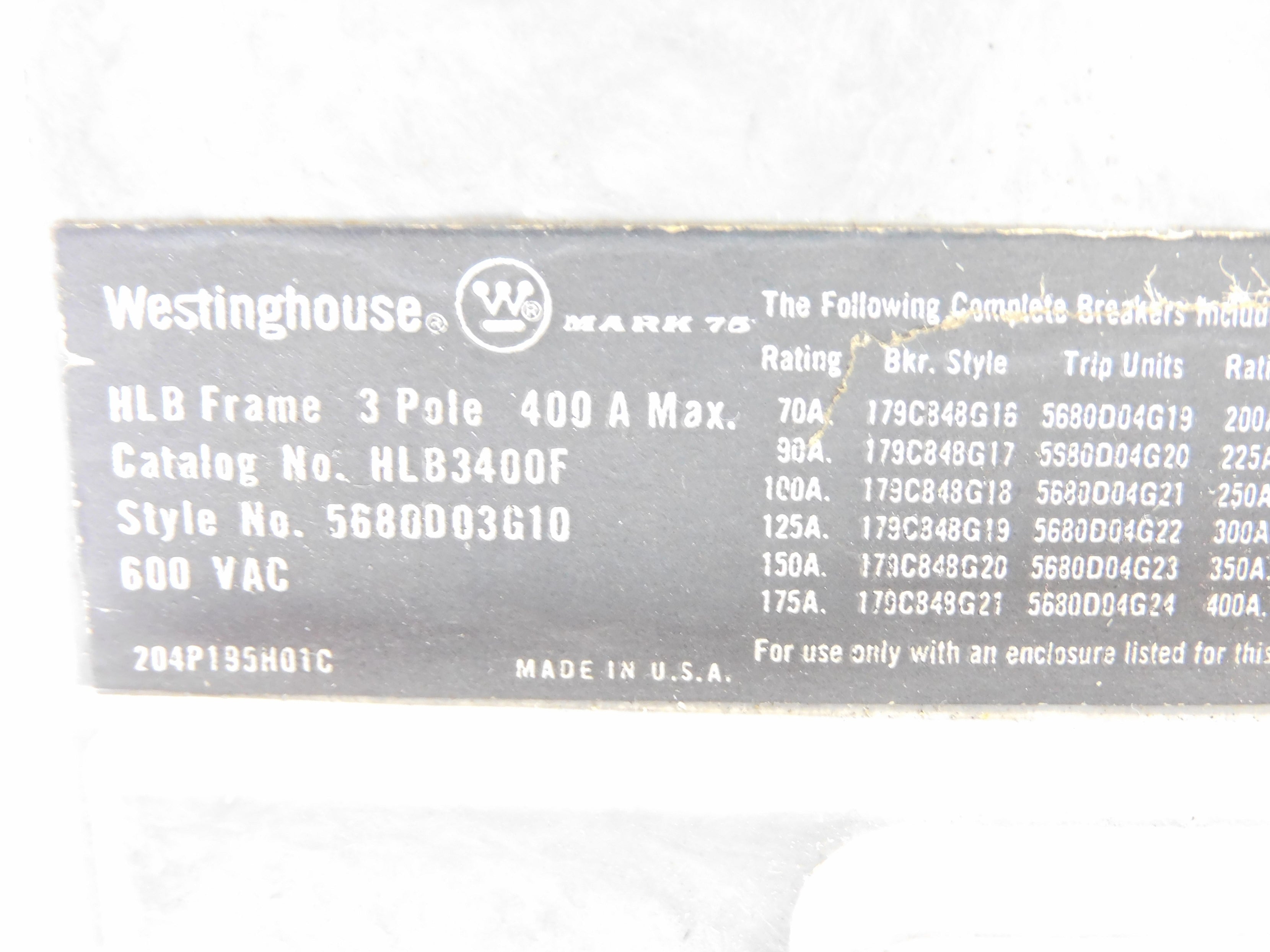 WESTINGHOUSE HLB3225 225A 600VAC (AS PICTURED) UNMP