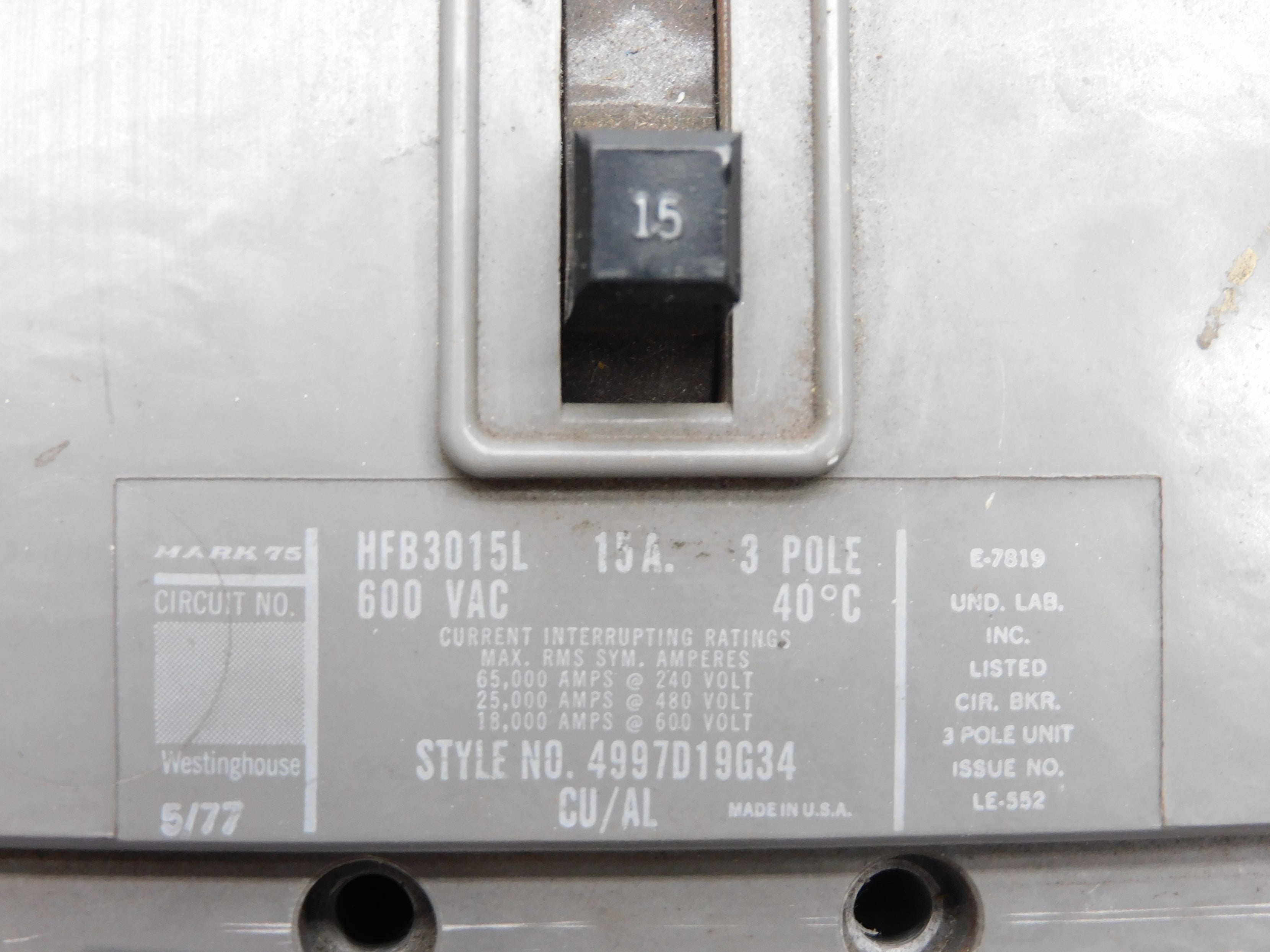 WESTINGHOUSE HFB3015L 4997D19G34 600VAC 15A UNMP