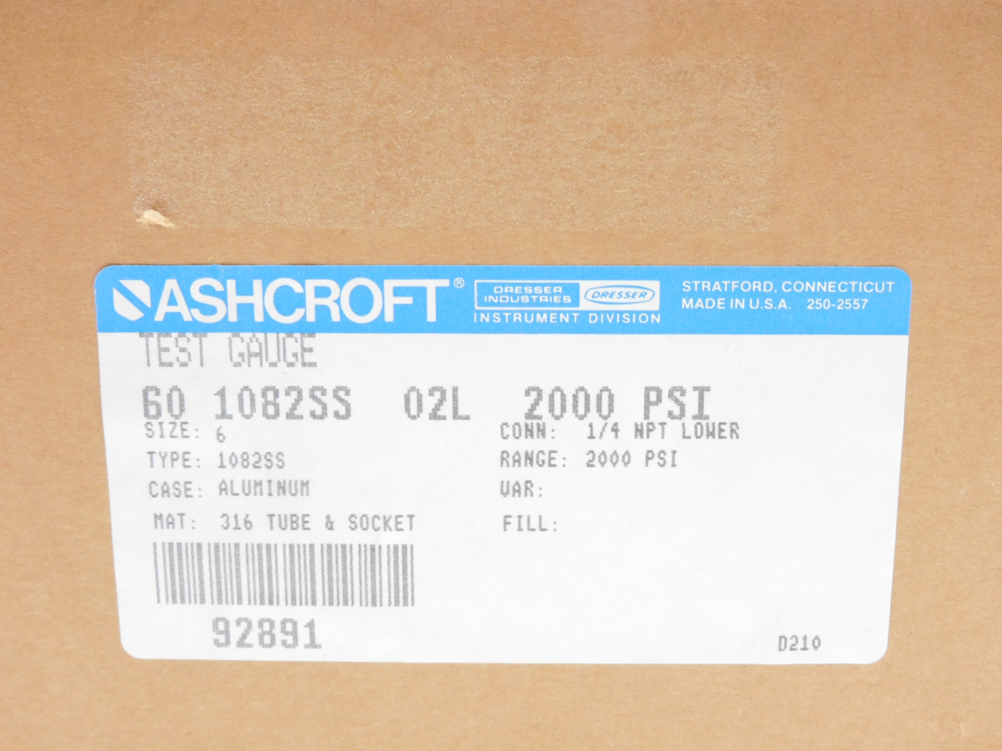 ASHCROFT 601082SS02L 2000PSI NSFS