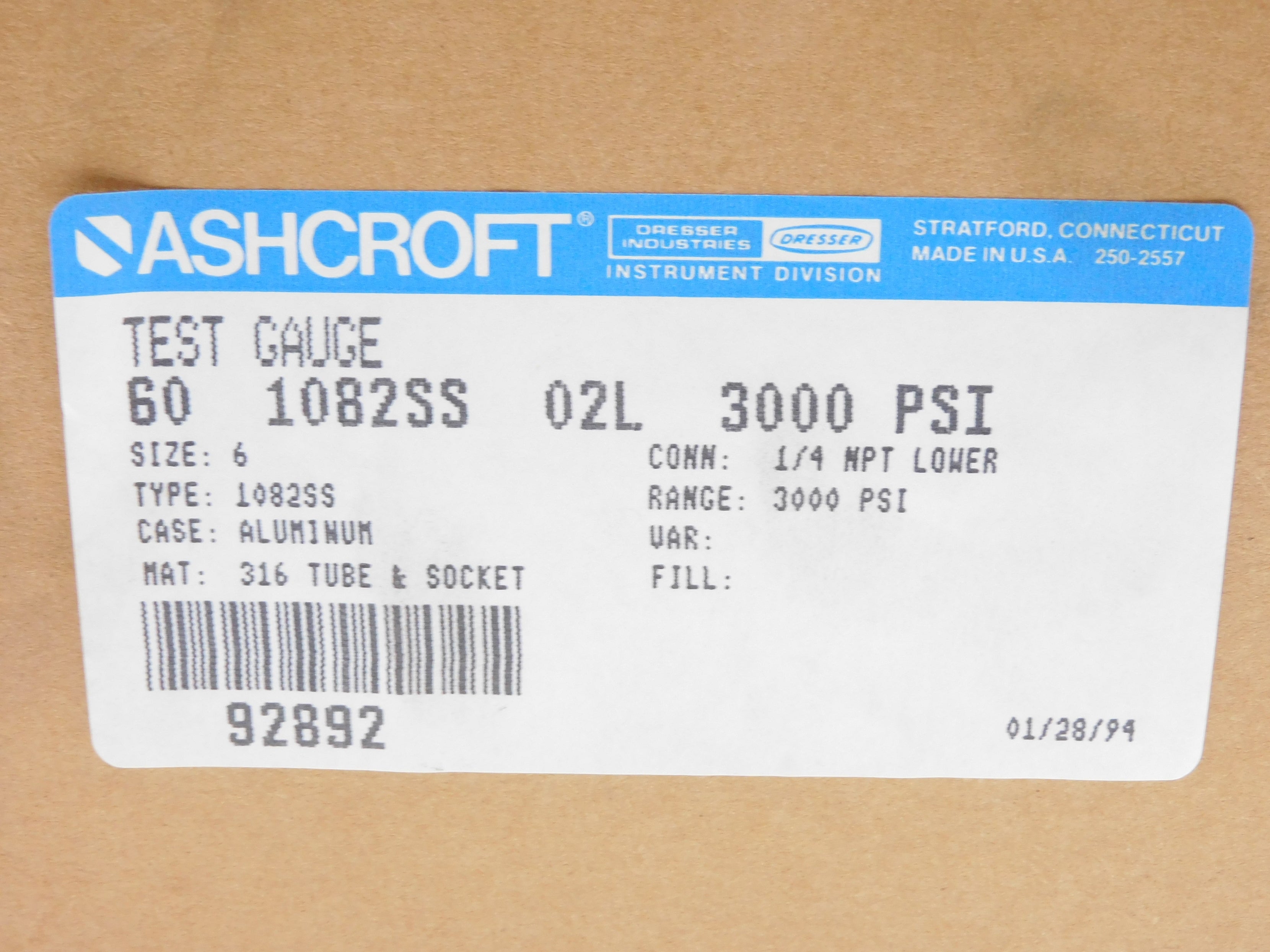 ASHCROFT 601082SS02L 3000PSI NSFS