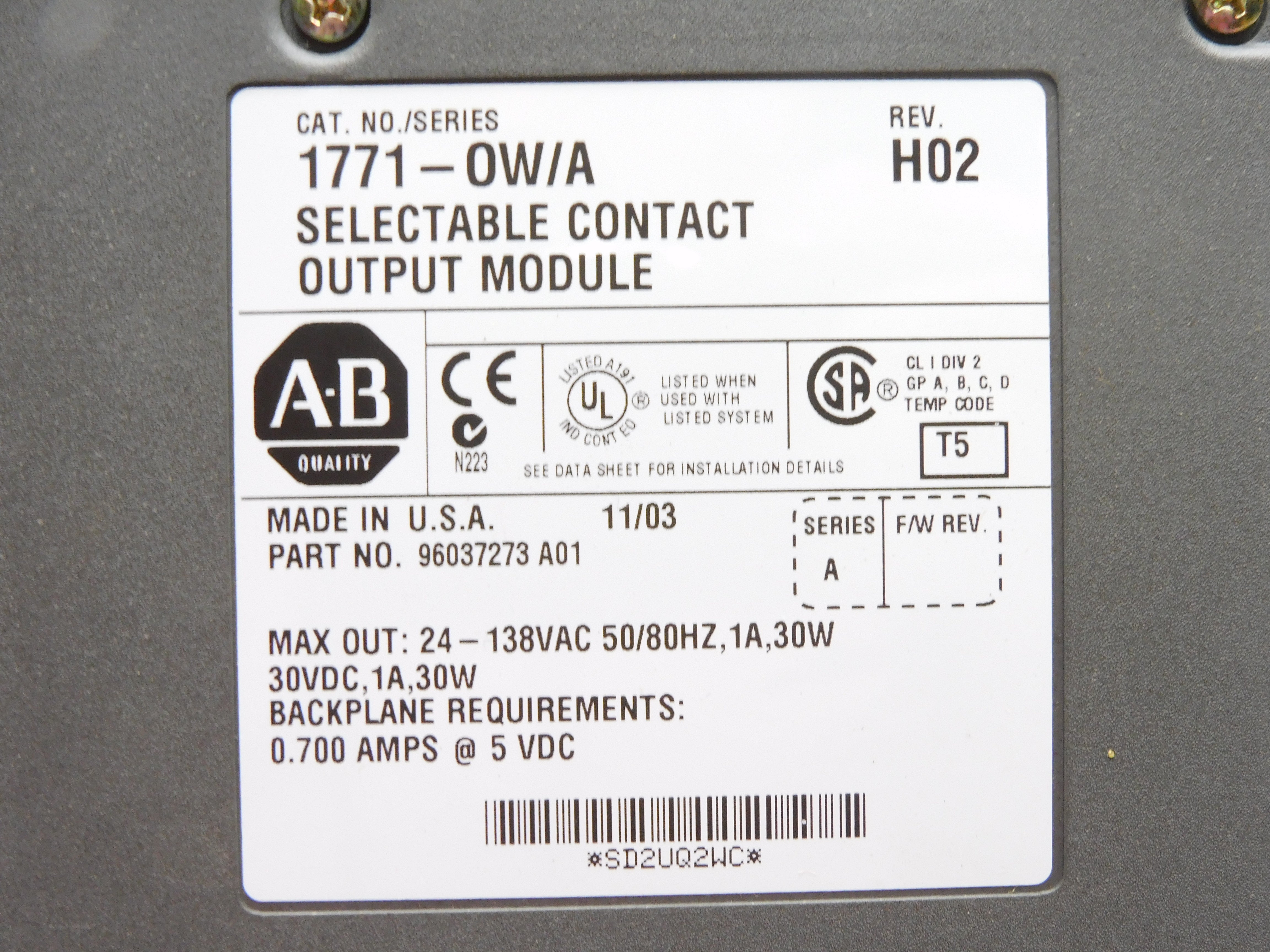 ALLEN BRADLEY 1771-OW SER. A 24-138VAC 1A UNMP