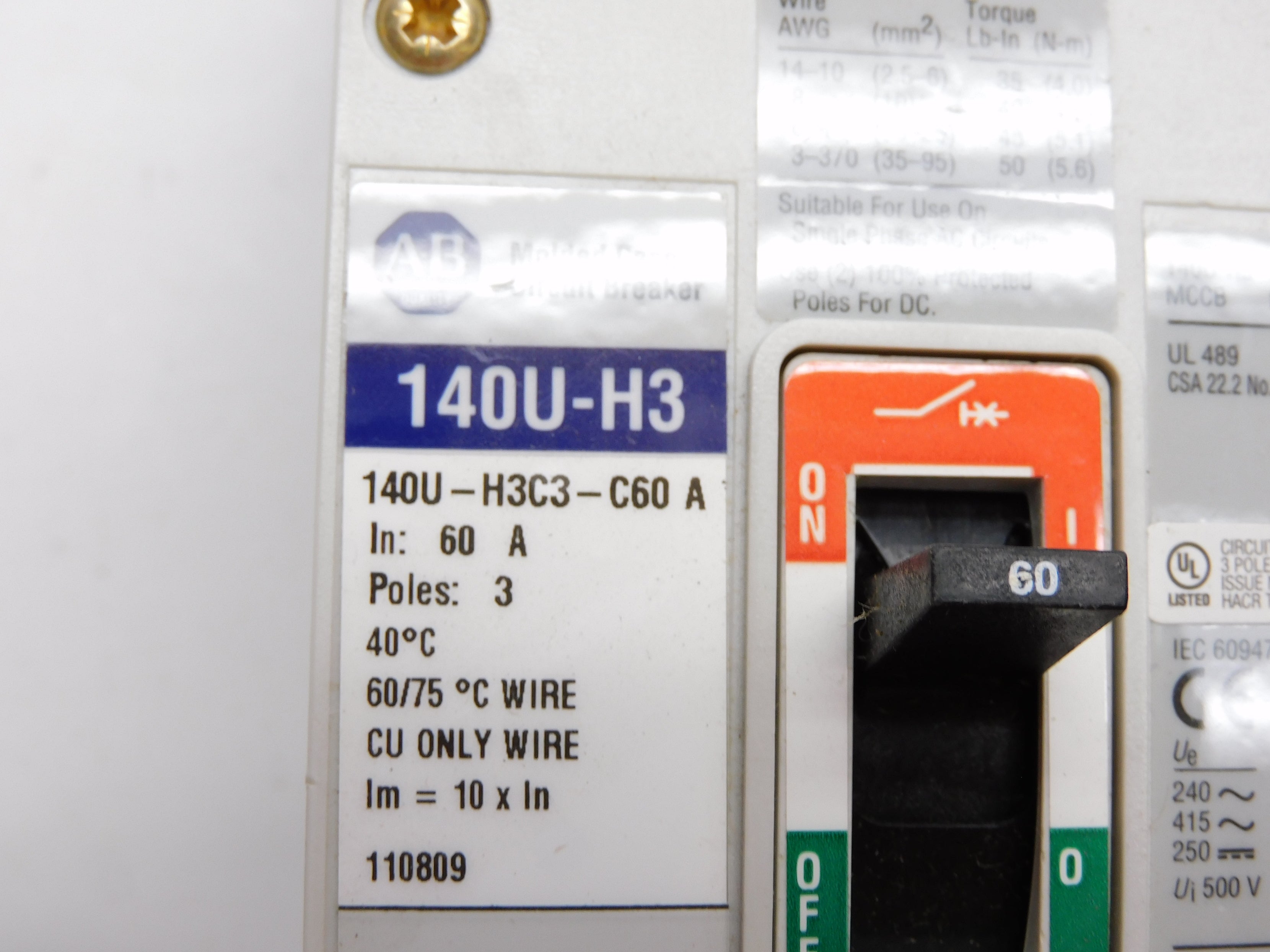 ALLEN BRADLEY 140U-H3C3-C60 SER. A 60A 415V NSNP