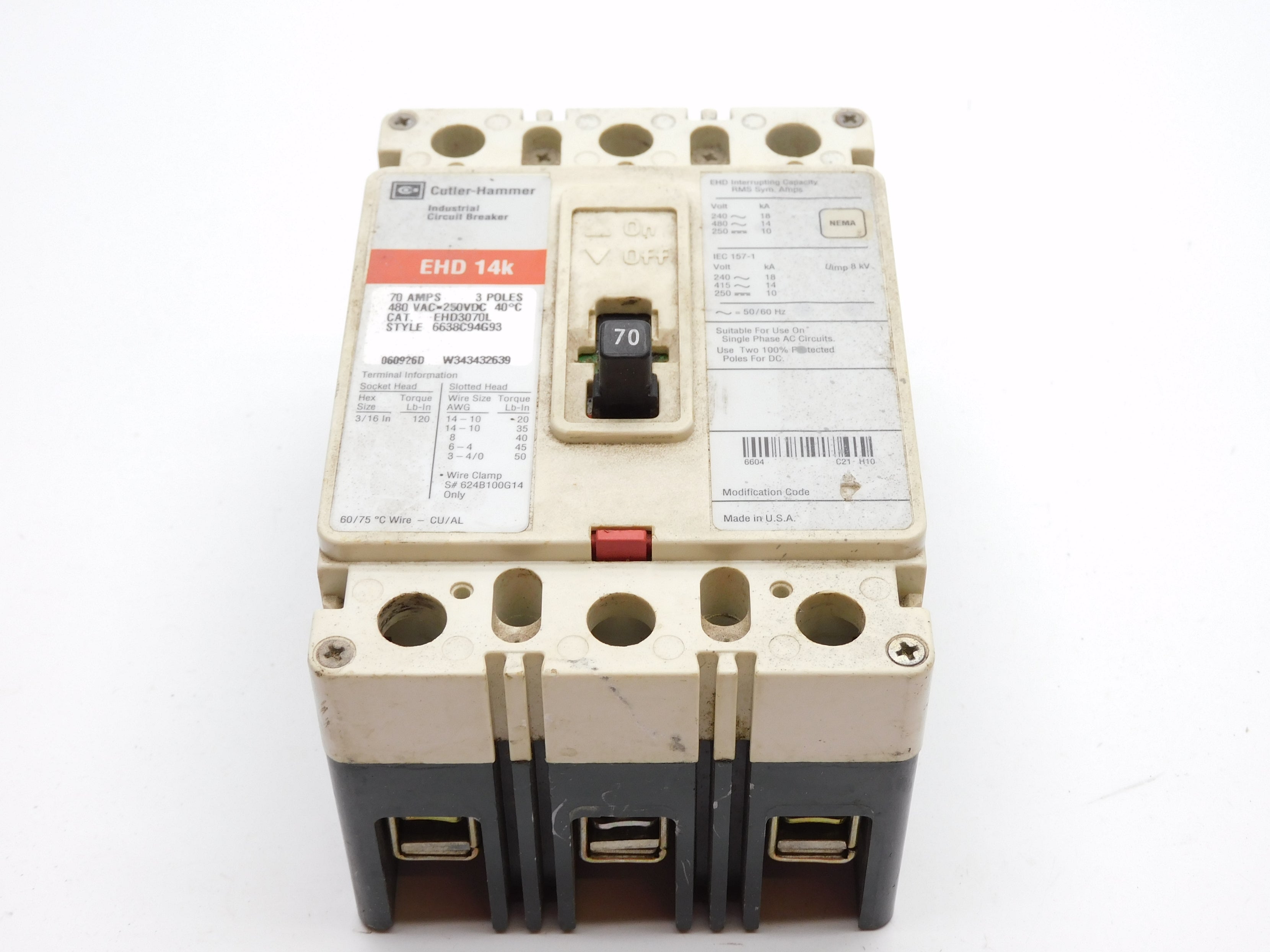 CUTLER HAMMER EHD3070L 70A 480VAC (GRAY) UNMP