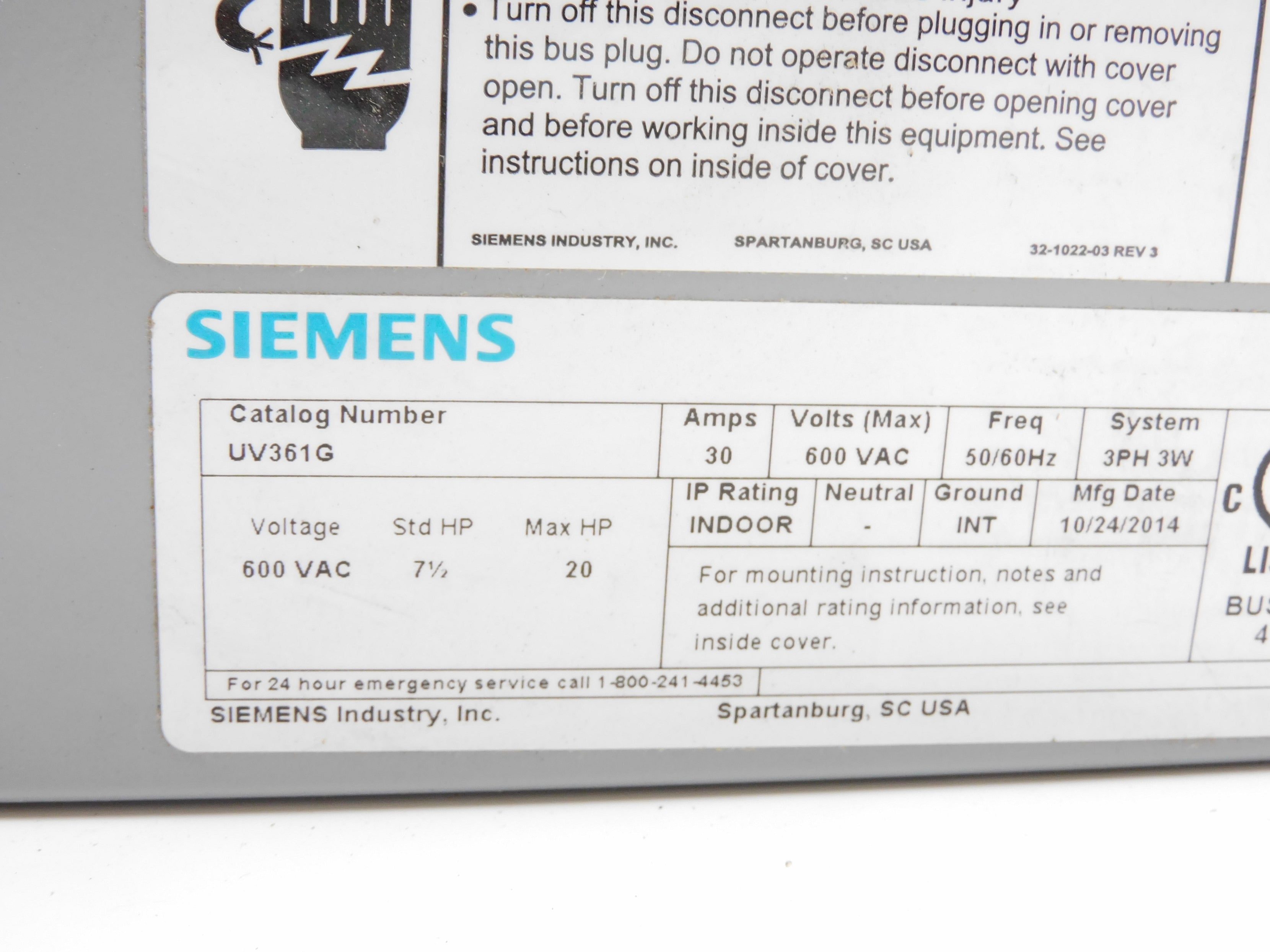 SIEMENS UV361G 600VAC 30A NSMP