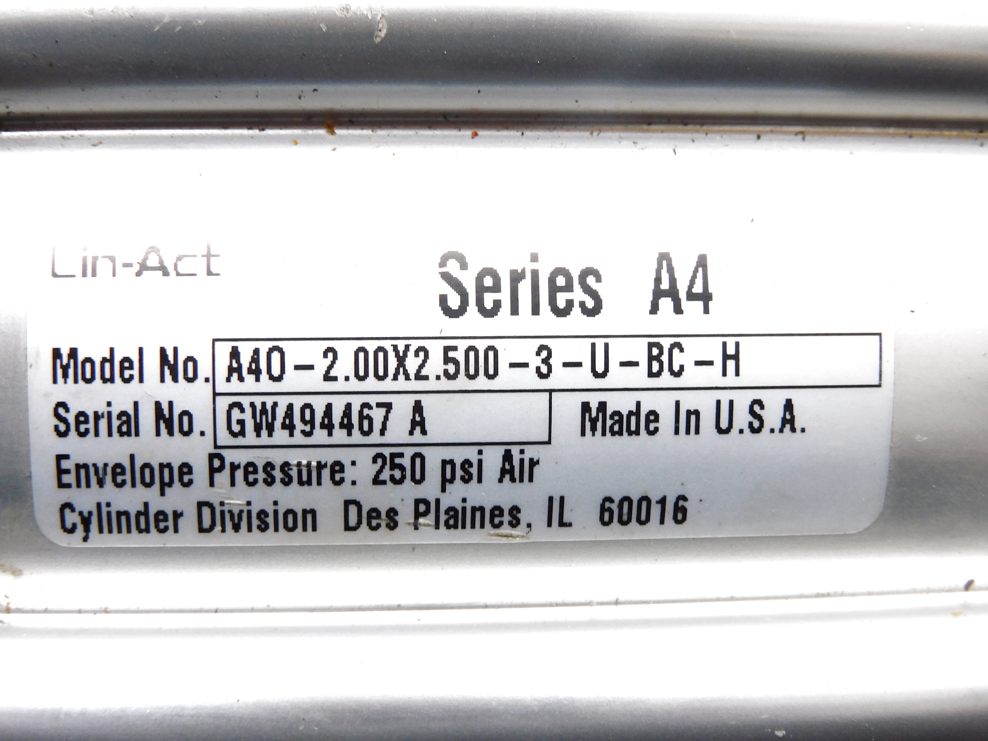 LIN-ACT A40-2.00X2.500-3-U-BC-H 250PSI UNMP