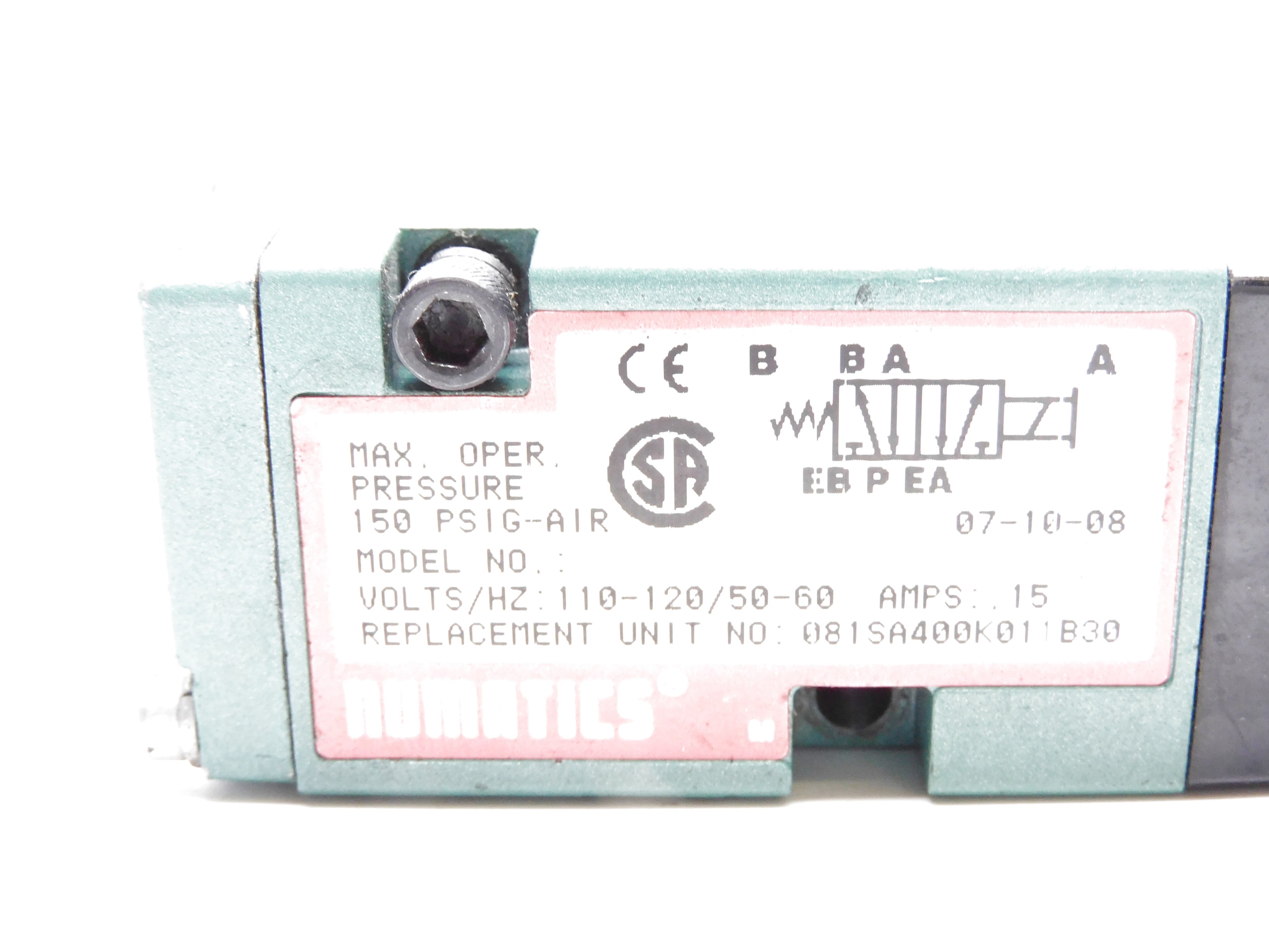 NUMATICS 081SA400K011B30 110-120/50-60 150PSIG UNMP