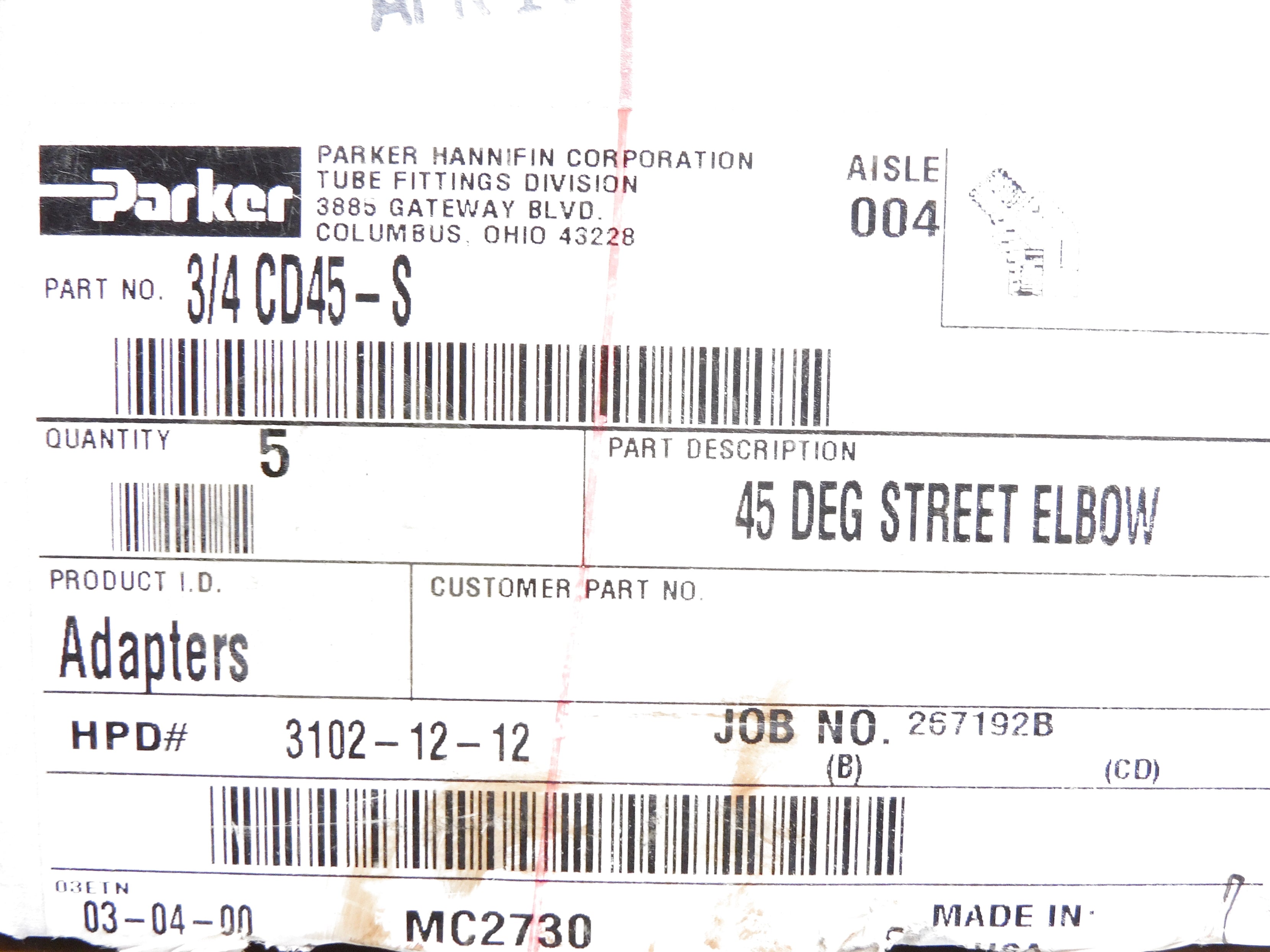 PARKER 3/4CD45-S (PKG OF 5) NSMP