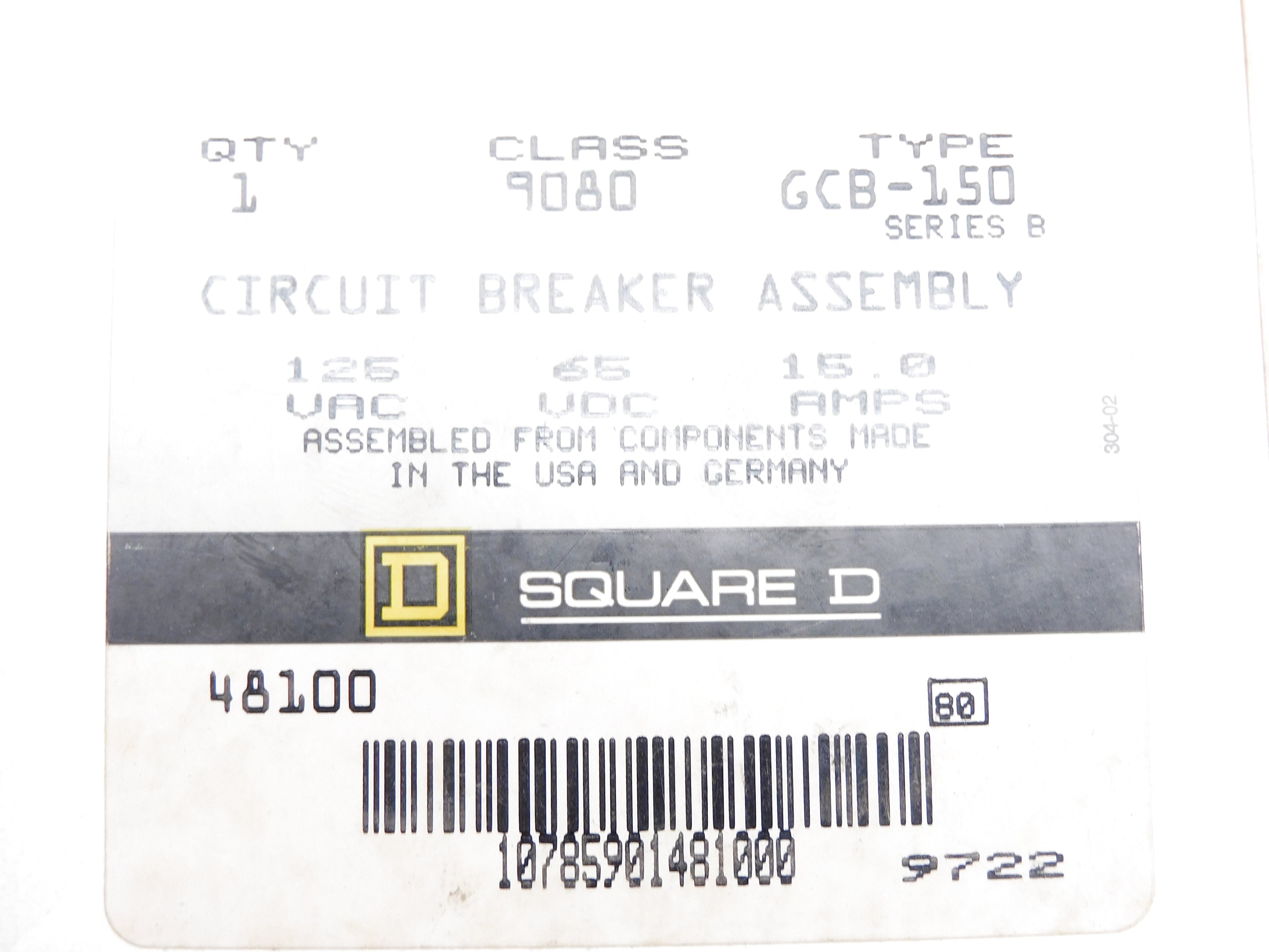 SQUARE D 9080GCB150 SER. B 15A 125VAC NSMP