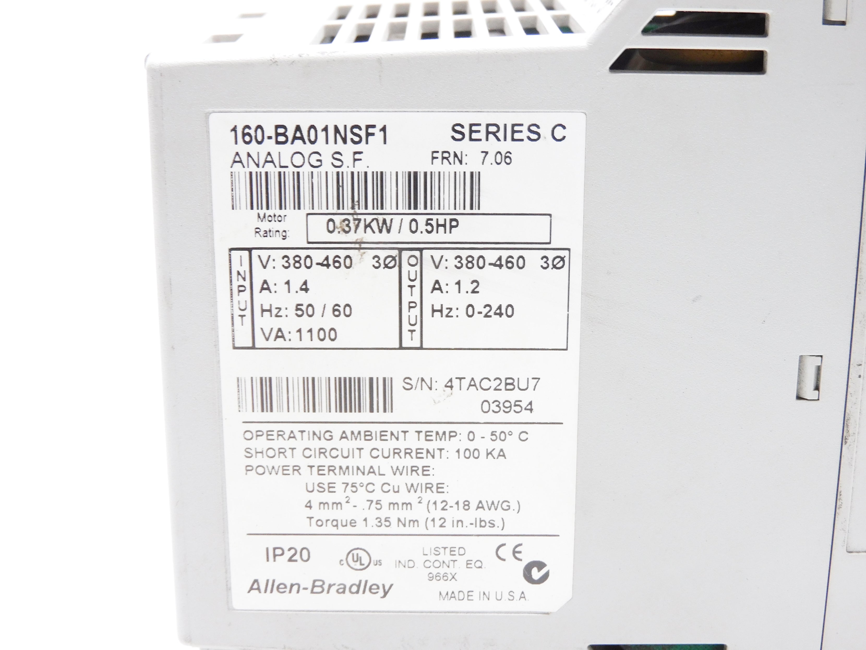 ALLEN BRADLEY 160-BA01NSF1 SER. C F/W 7.06 (AS PICTURED) UNMP