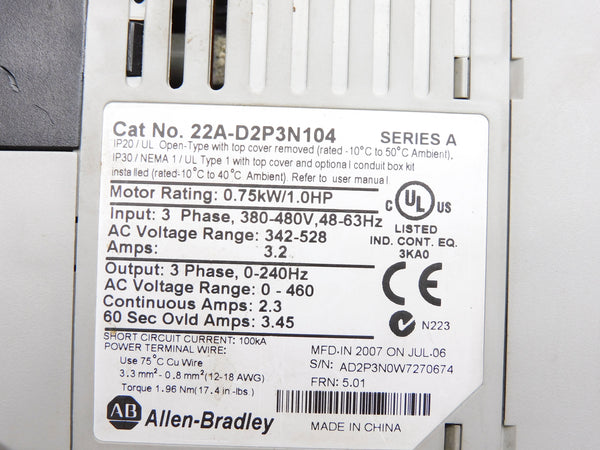 ALLEN BRADLEY 22A-D2P3N104 SER. A F/W 5.01 308-480V 3.2A UNMP
