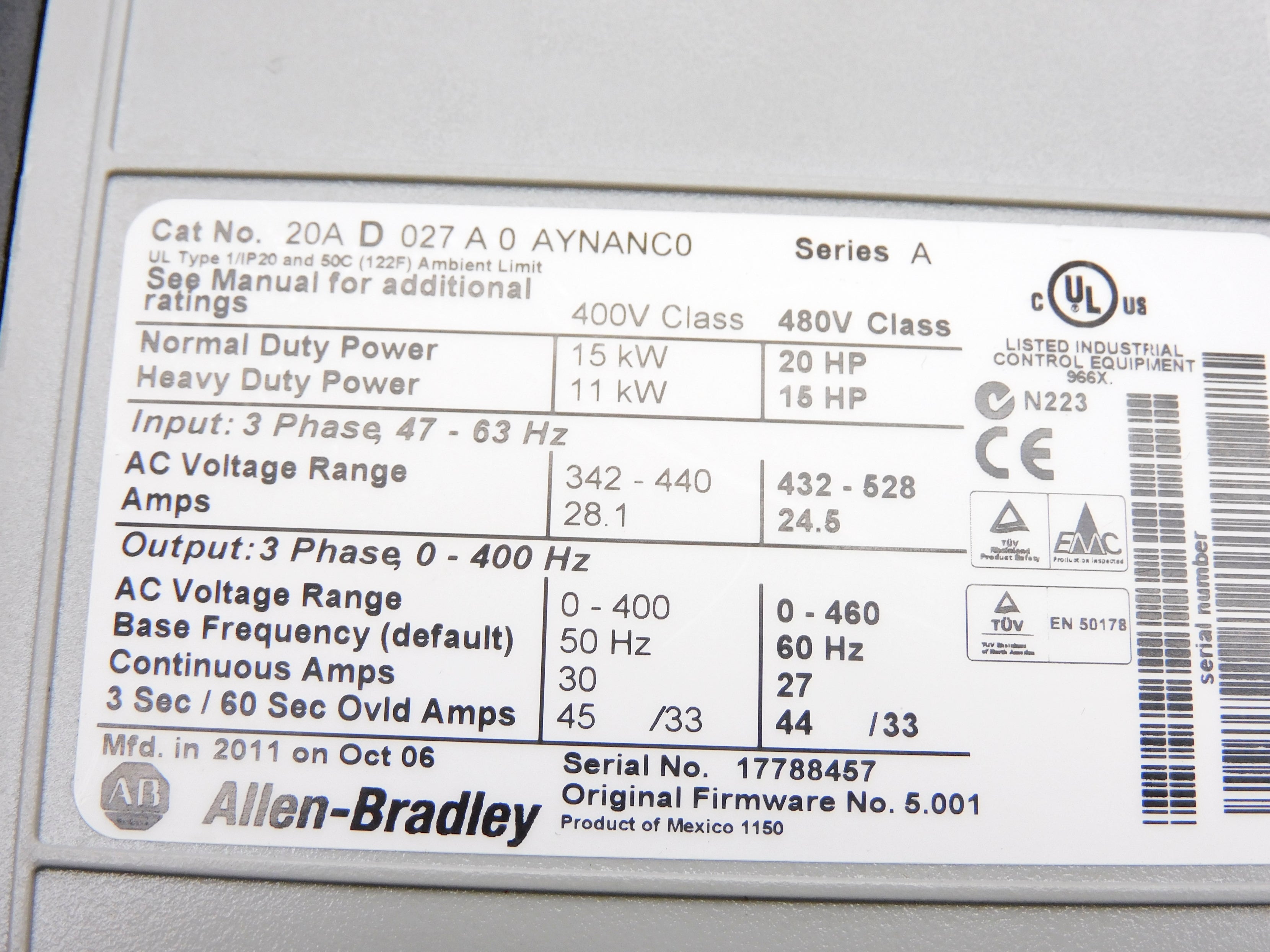 ALLEN BRADLEY 20AD027A0AYNANC0 SER. A F/W 5.001 UNMP
