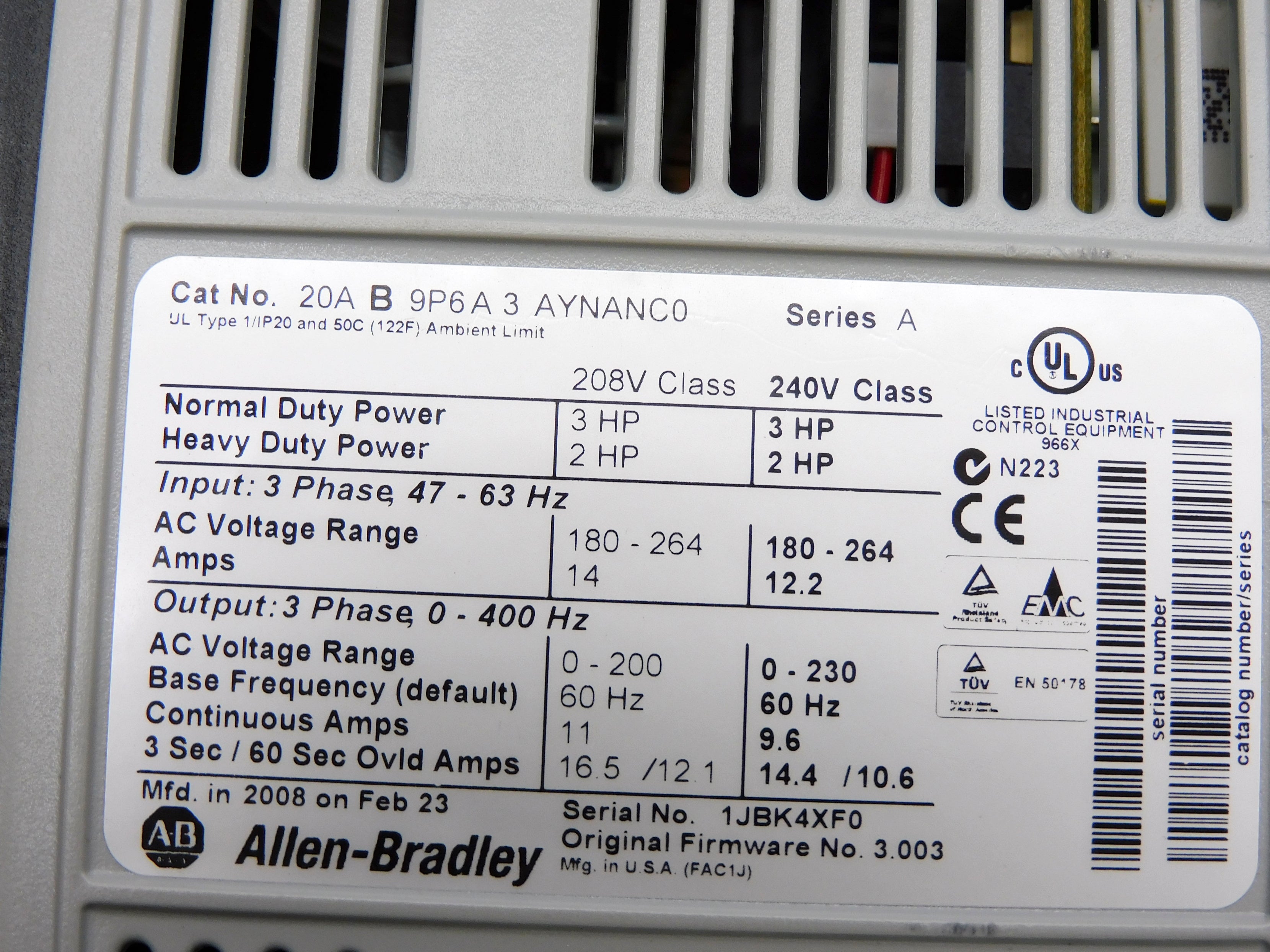 ALLEN BRADLEY 20AB9P6A3AYNANC0 SER. A F/W 3.003 UNMP