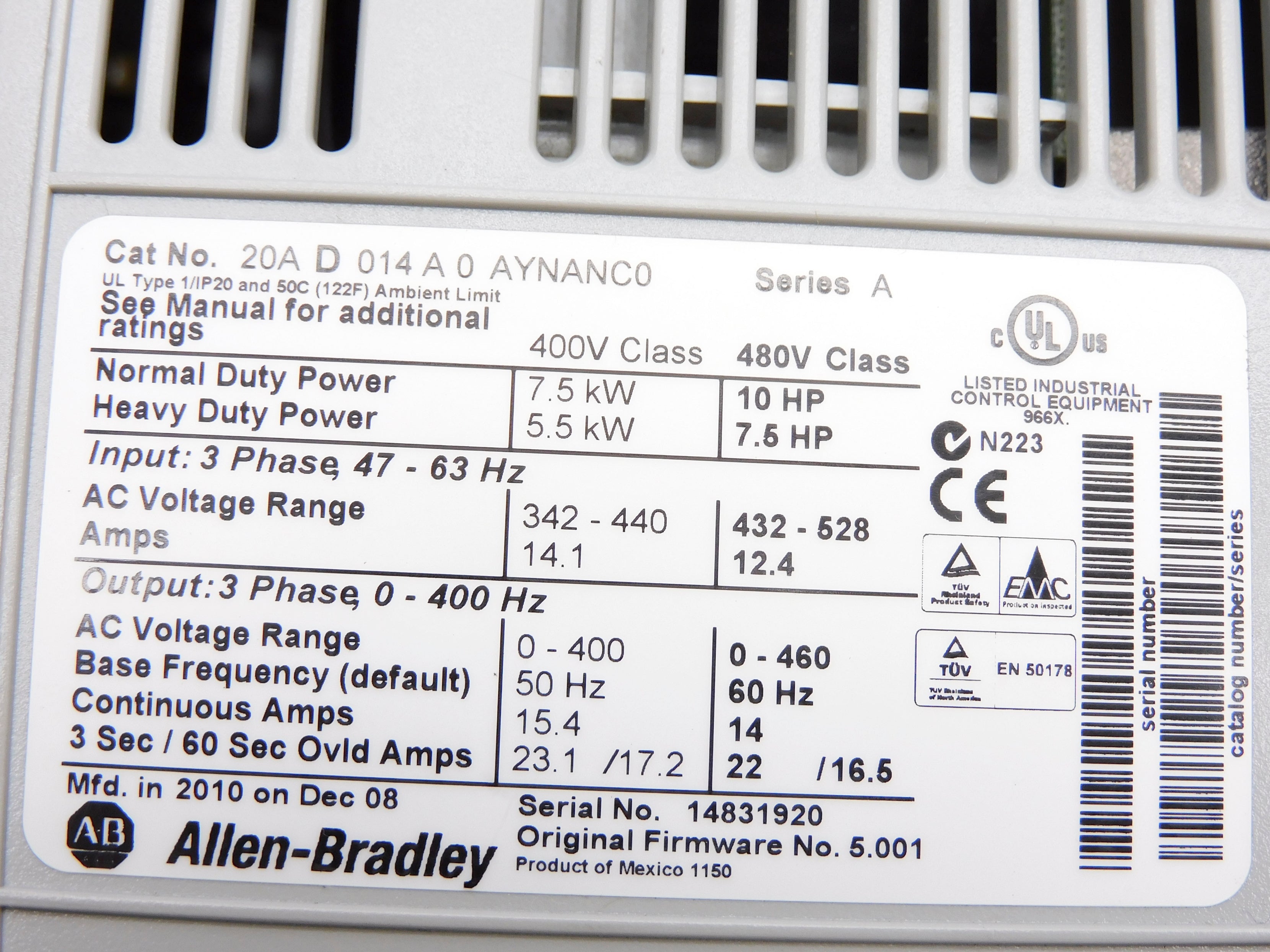 ALLEN BRADLEY 20AD014A0AYNANC0 SER. A F/W 5.001 UNMP