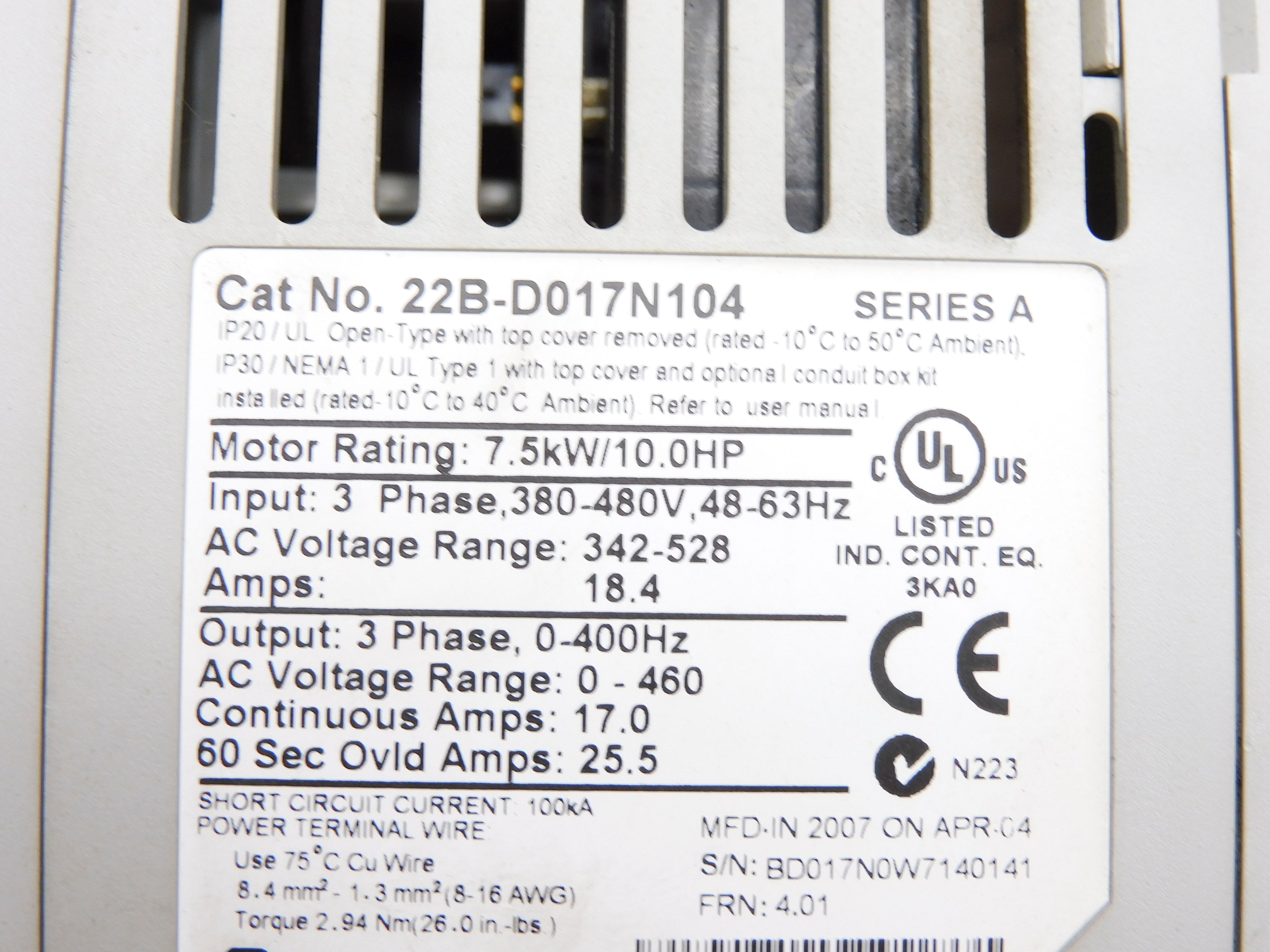 ALLEN BRADLEY 22B-D017N104 SER. A F/W 4.01 UNMP