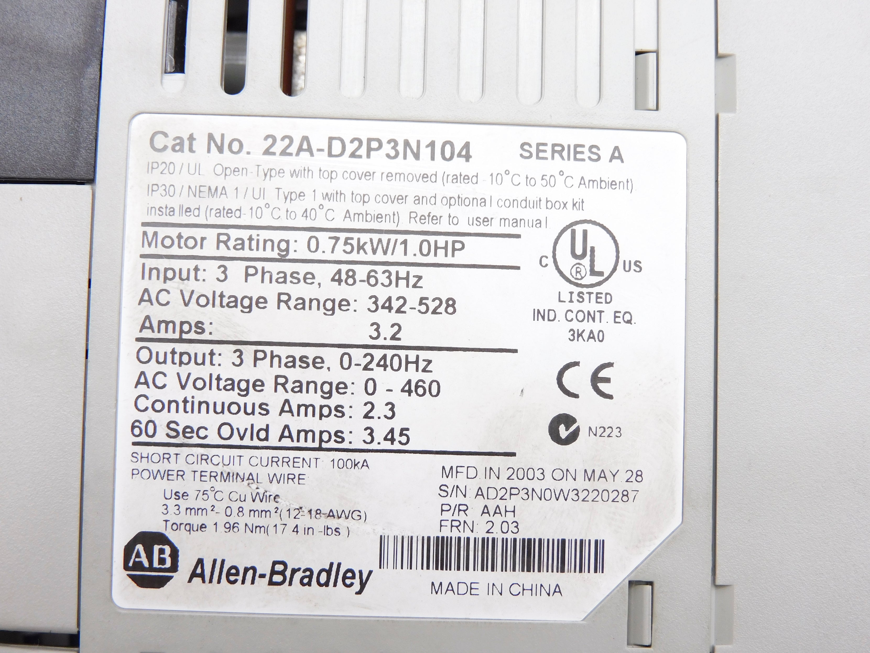 ALLEN BRADLEY 22A-D2P3N104 SER. A F/W 2.03 UNMP