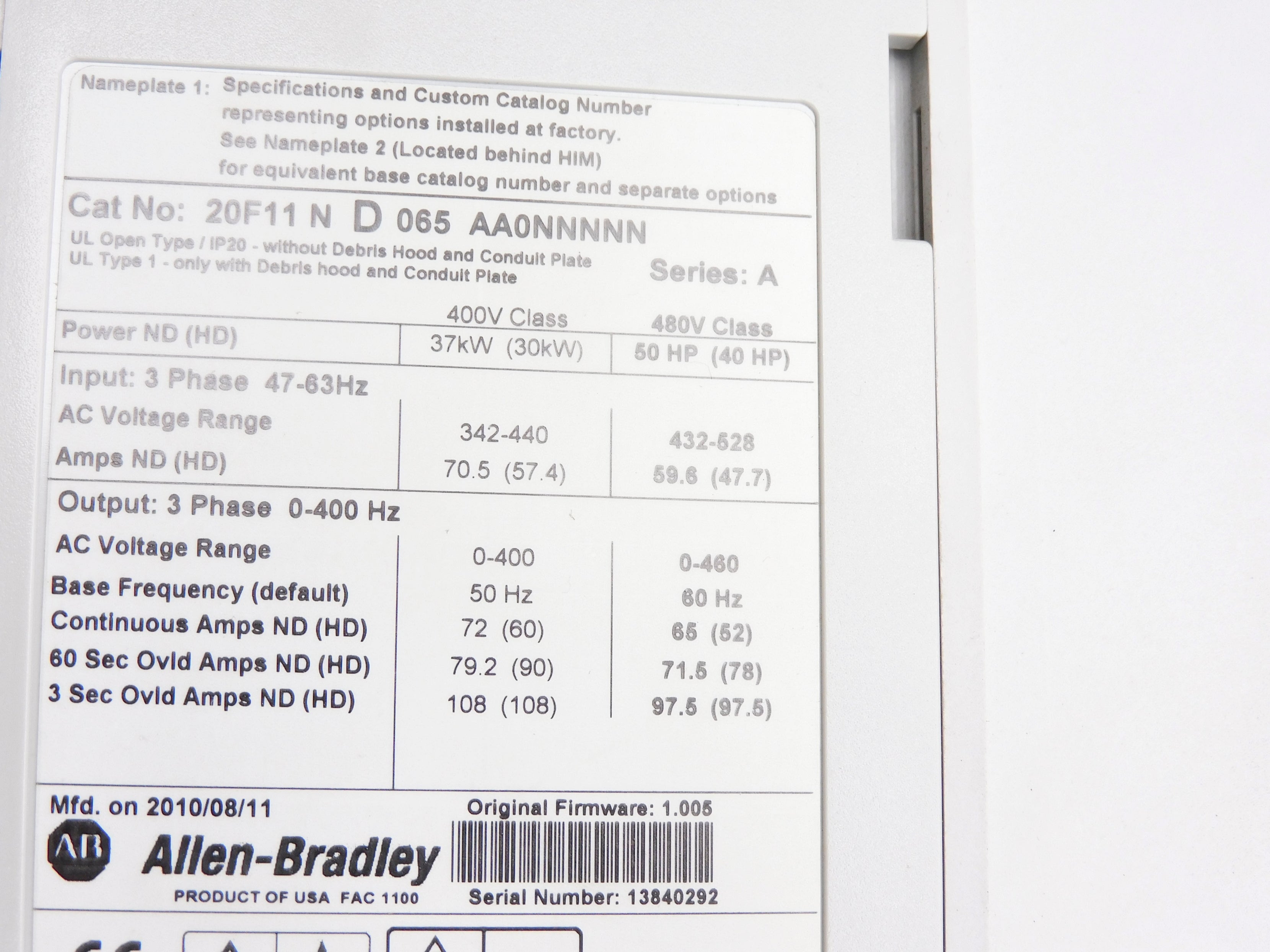 ALLEN BRADLEY 20F11ND065AA0NNNNN SER. A F/W 1.005 UNMP