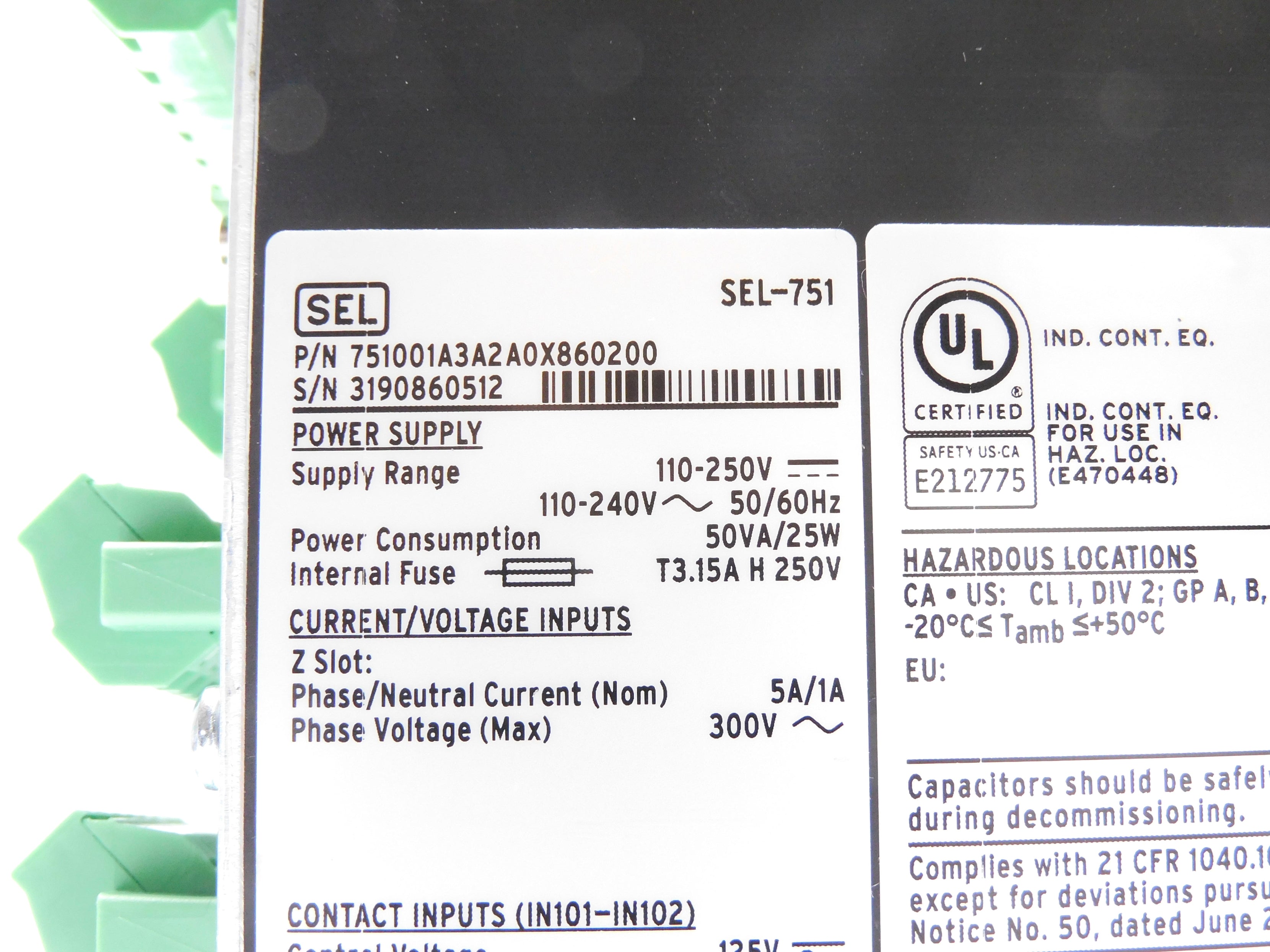 SEL SEL-751 751001A3A2A0X860200 110-250V 5A NSNP