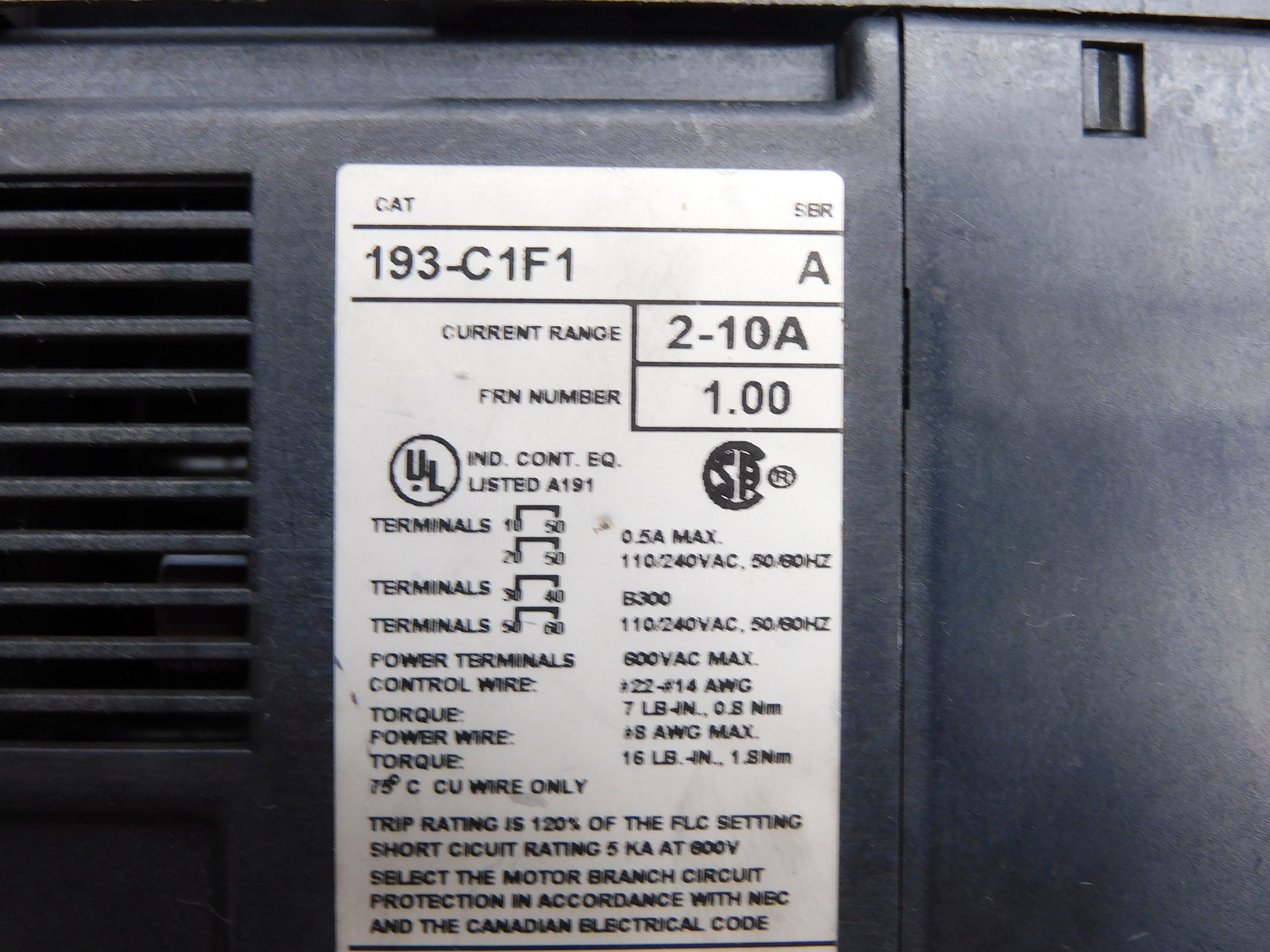 ALLEN BRADLEY 193-C1F1 SER. A 110/240VAC 2-10A UNMP