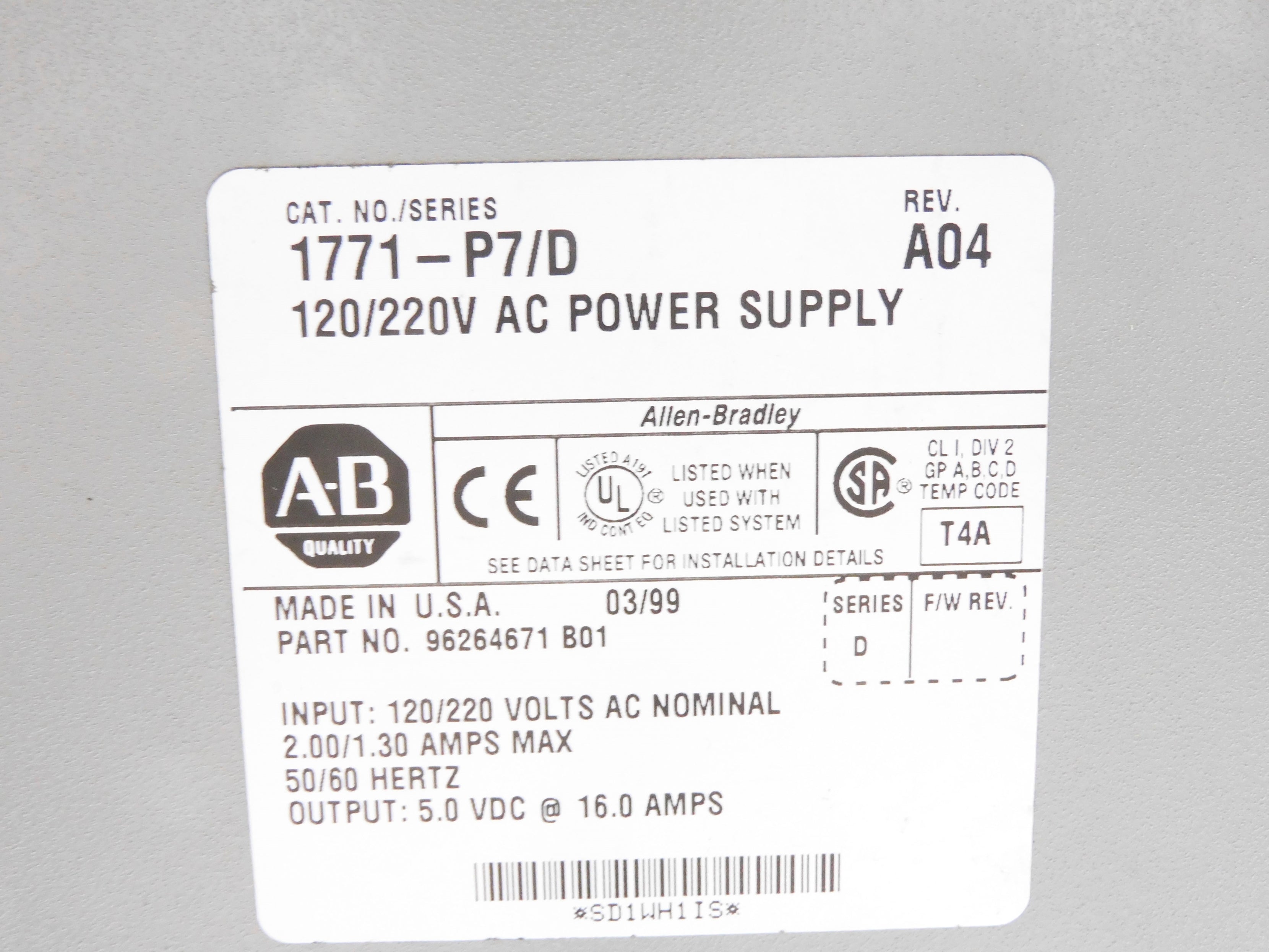 ALLEN BRADLEY 1771-P7 SER. D (AS PICTURED) UNMP