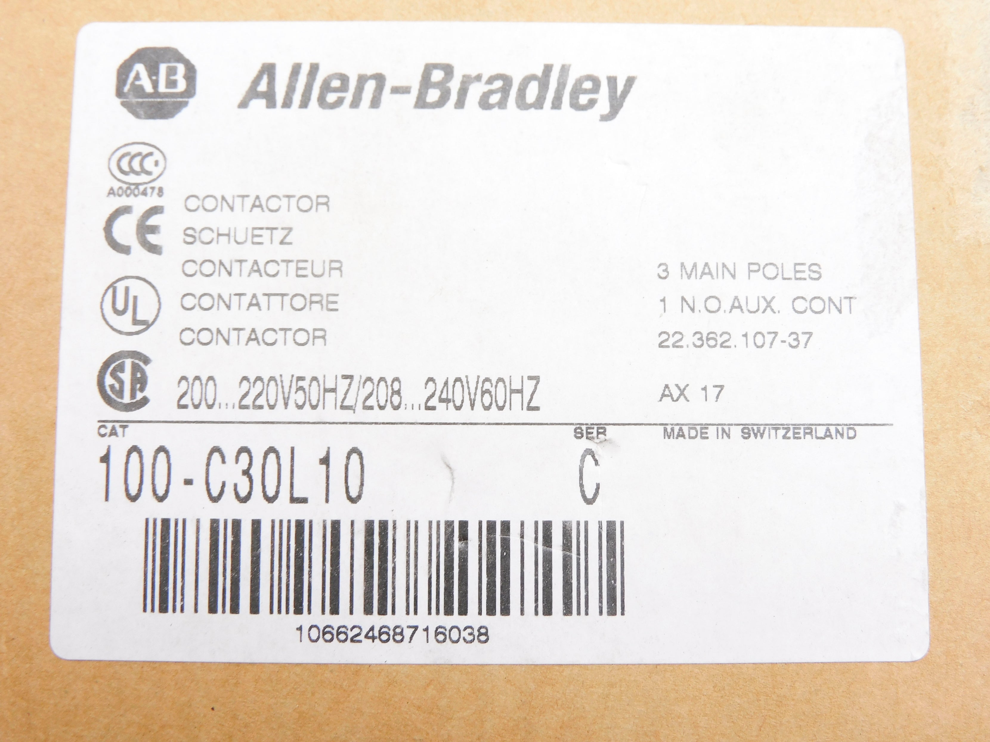 ALLEN BRADLEY 100-C30L10 SER. C 200/220V 208/240V (BR/WH) NSMP