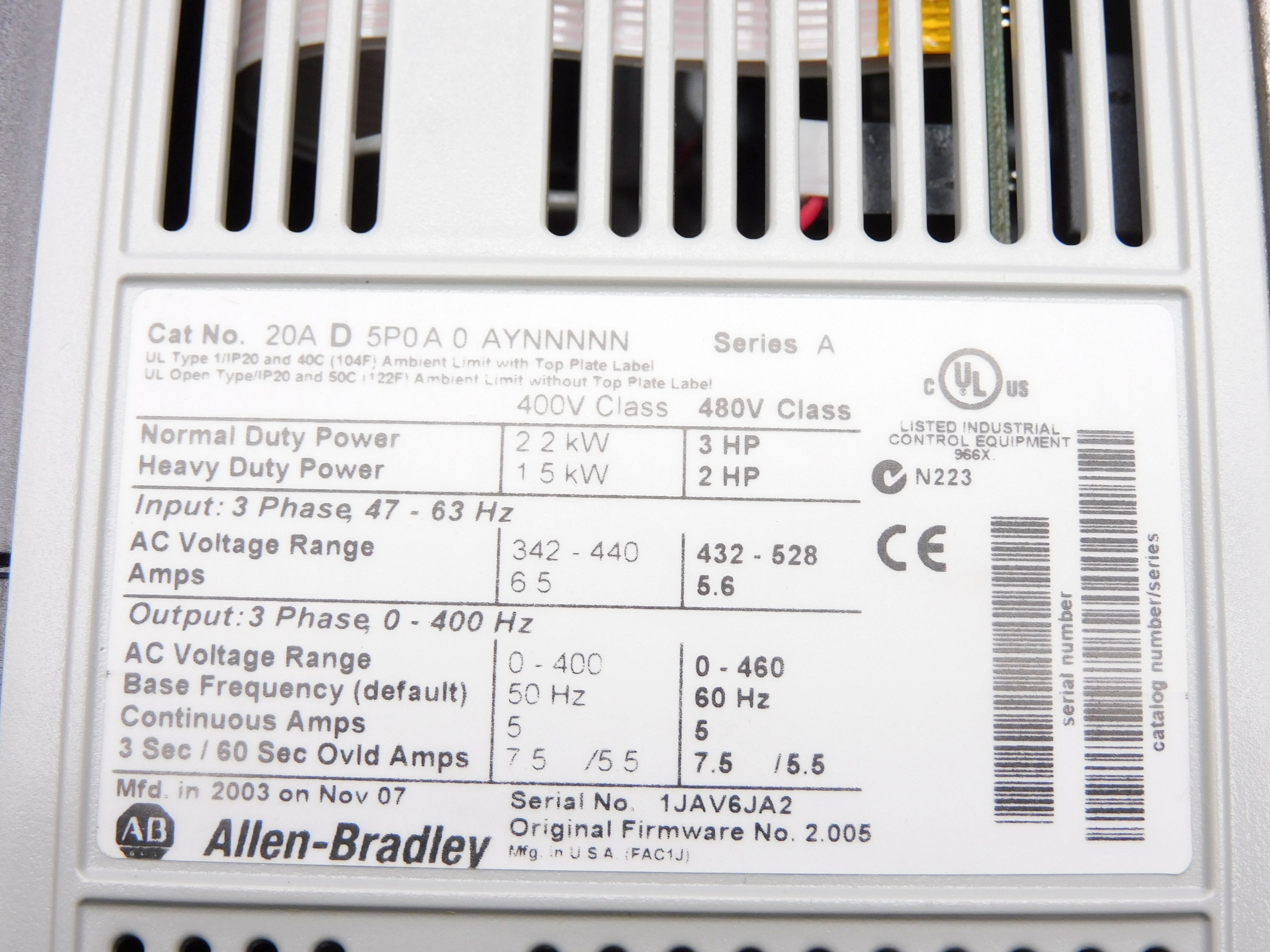 ALLEN BRADLEY 20AD5P0A0AYNNNNN SER. A F/W 2.005 NSMP