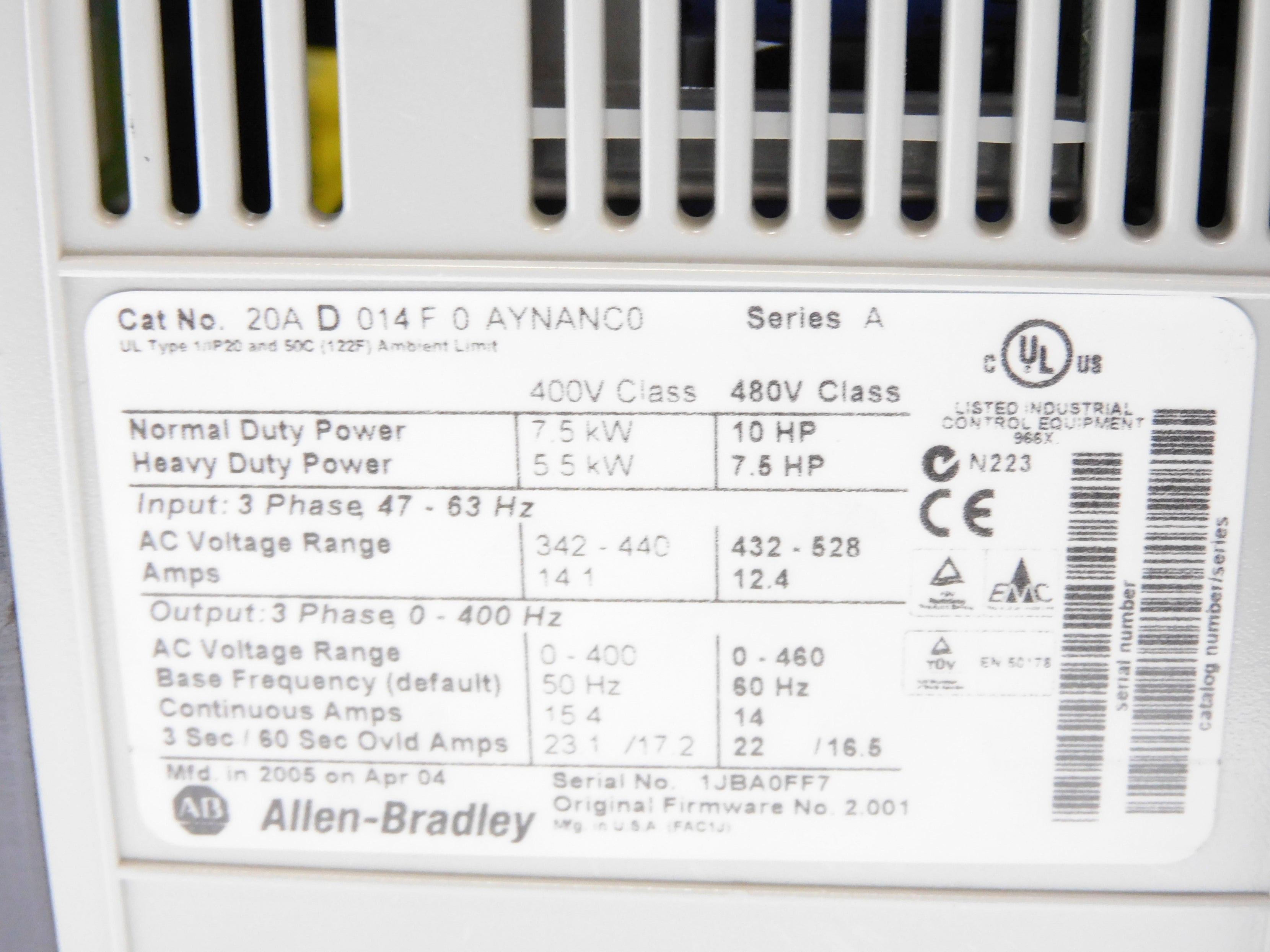 ALLEN BRADLEY 20AD014F0AYNANC0 SER. A F/W 2.001 NSNP