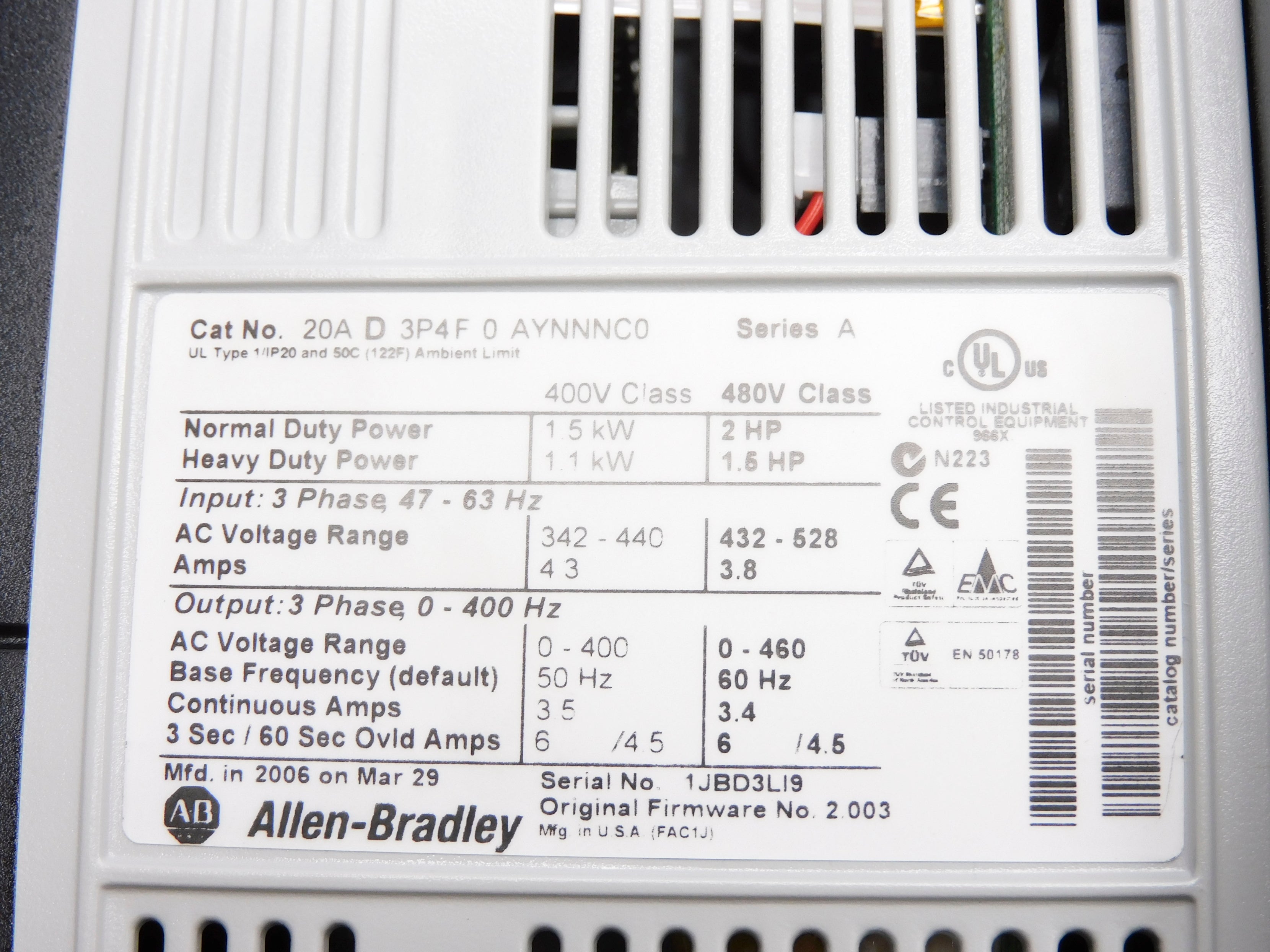 ALLEN BRADLEY 20AD3P4F0AYNNNC0 SER. A F/W 2.003 NSNP