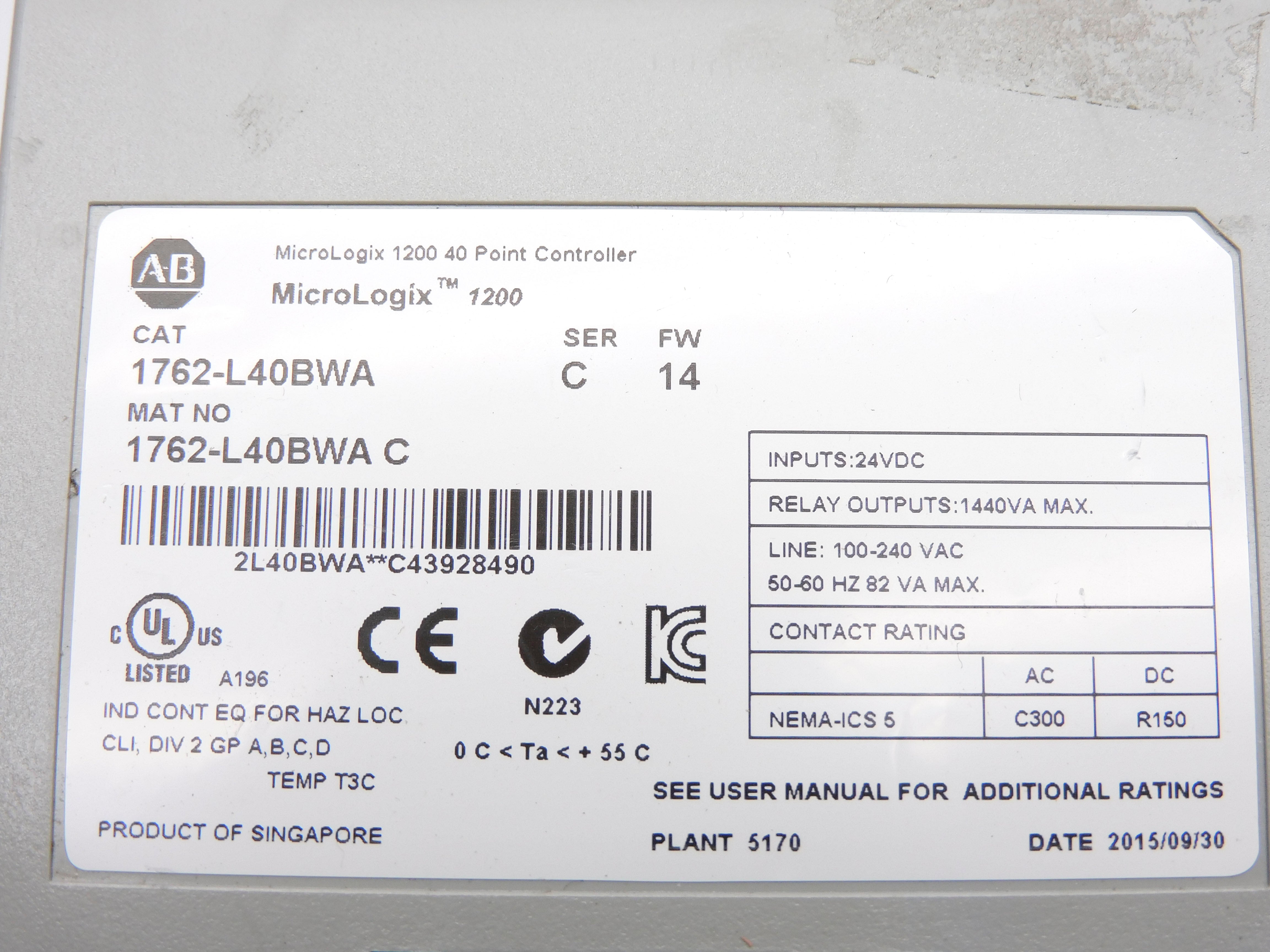 ALLEN BRADLEY 1762-L40BWA SER. C F/W 14 NSNP