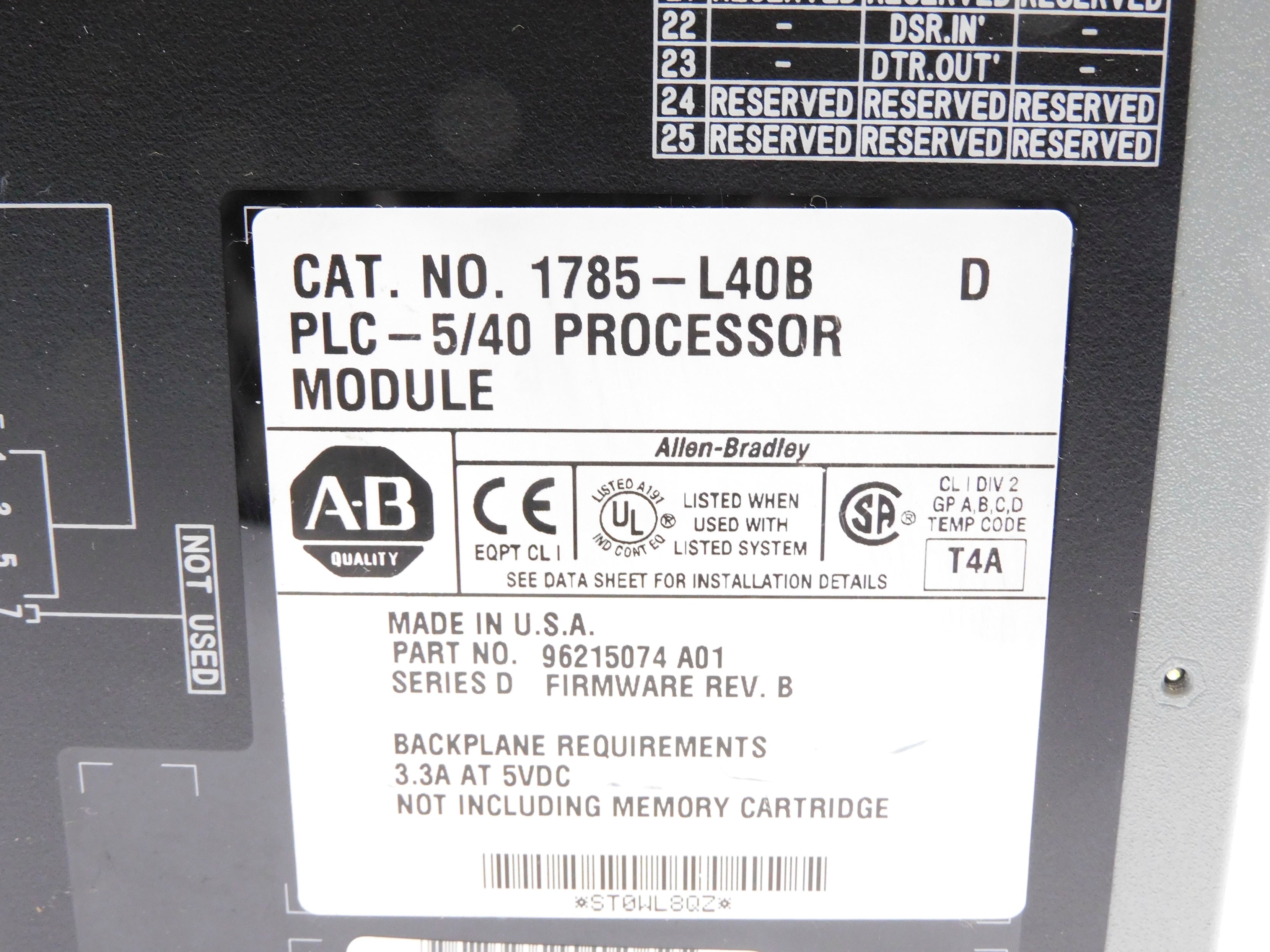 ALLEN BRADLEY 1785-L40B SER. D F/W B (NO KEY) UNMP