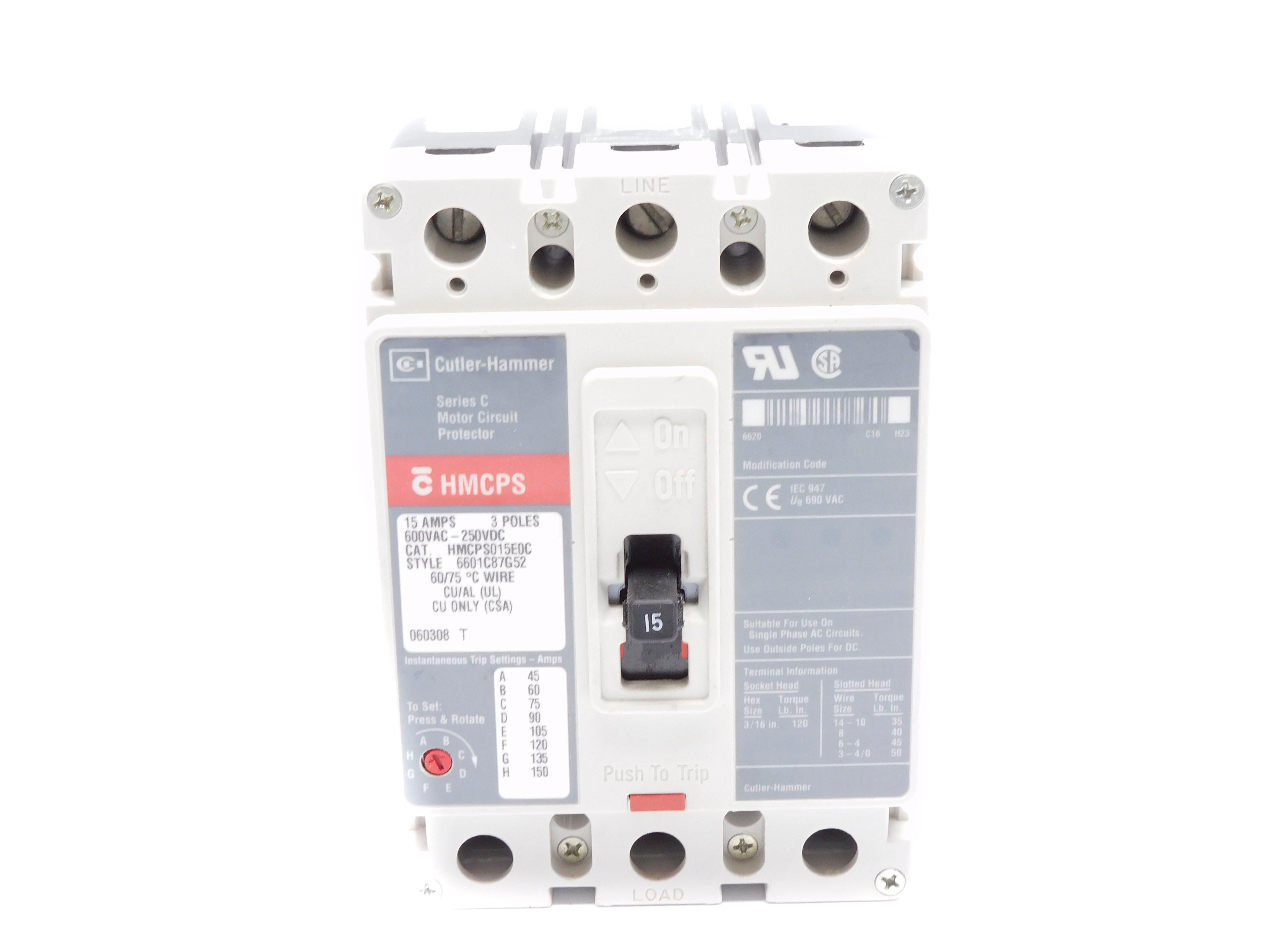 CUTLER HAMMER HMCPS015E0C SER. C 15A 600VAC (GRAY) UNMP