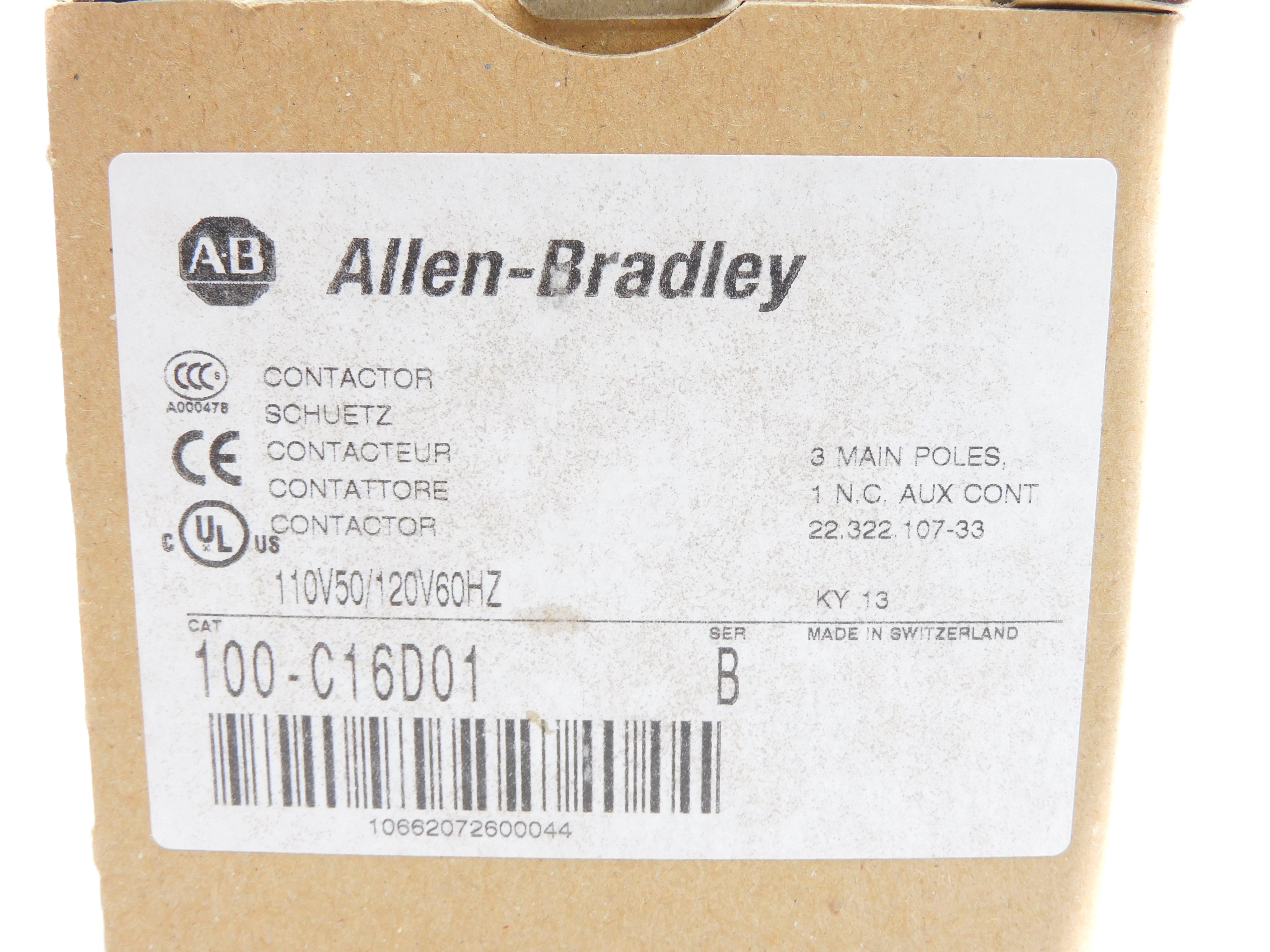 ALLEN BRADLEY 100-C16D01 SER. B 110/50 120/60 (BR/WH) NSMP