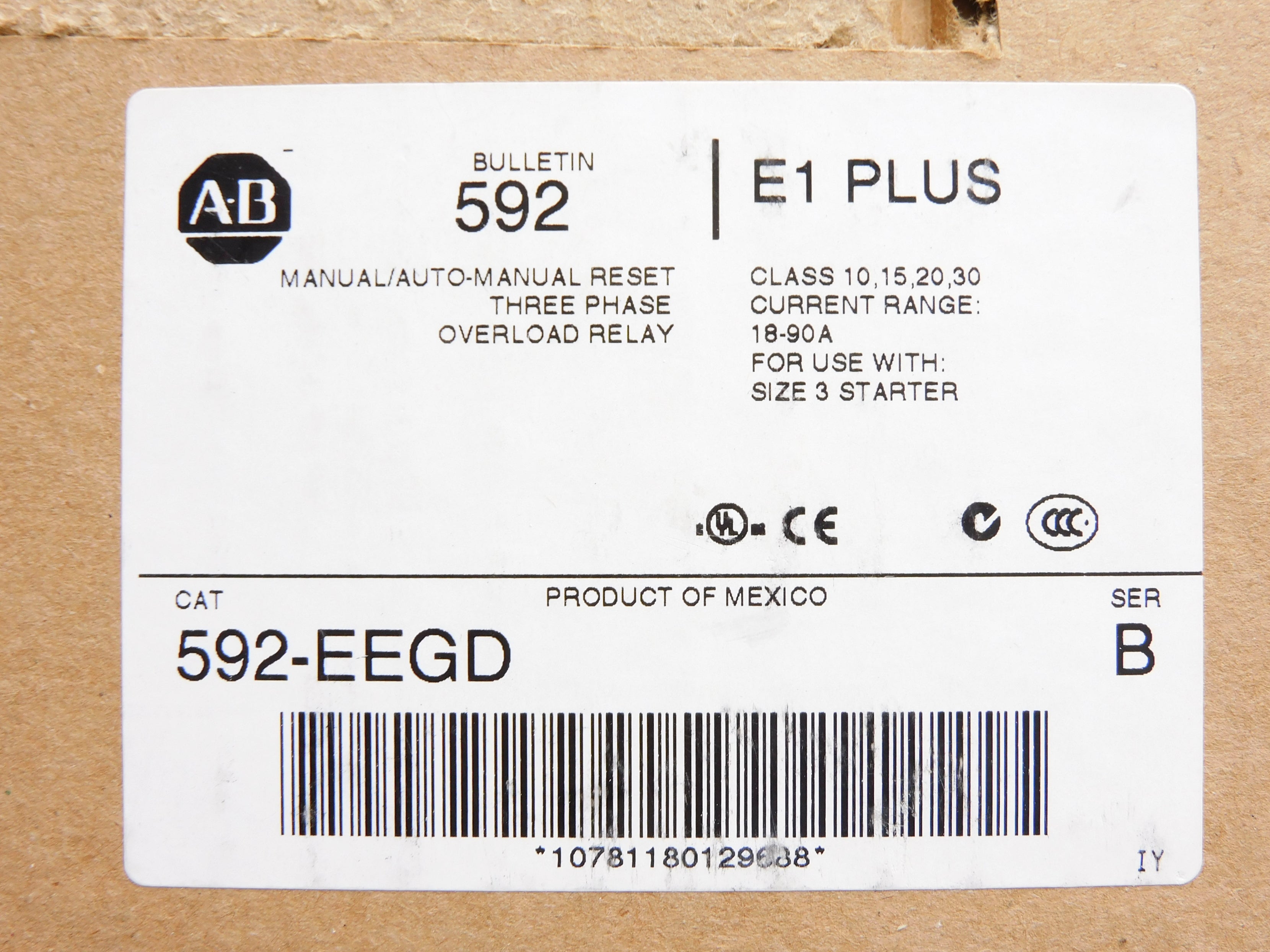 ALLEN BRADLEY 592-EEGD SER. B 600V 18-90A (BR/WH) NSMP