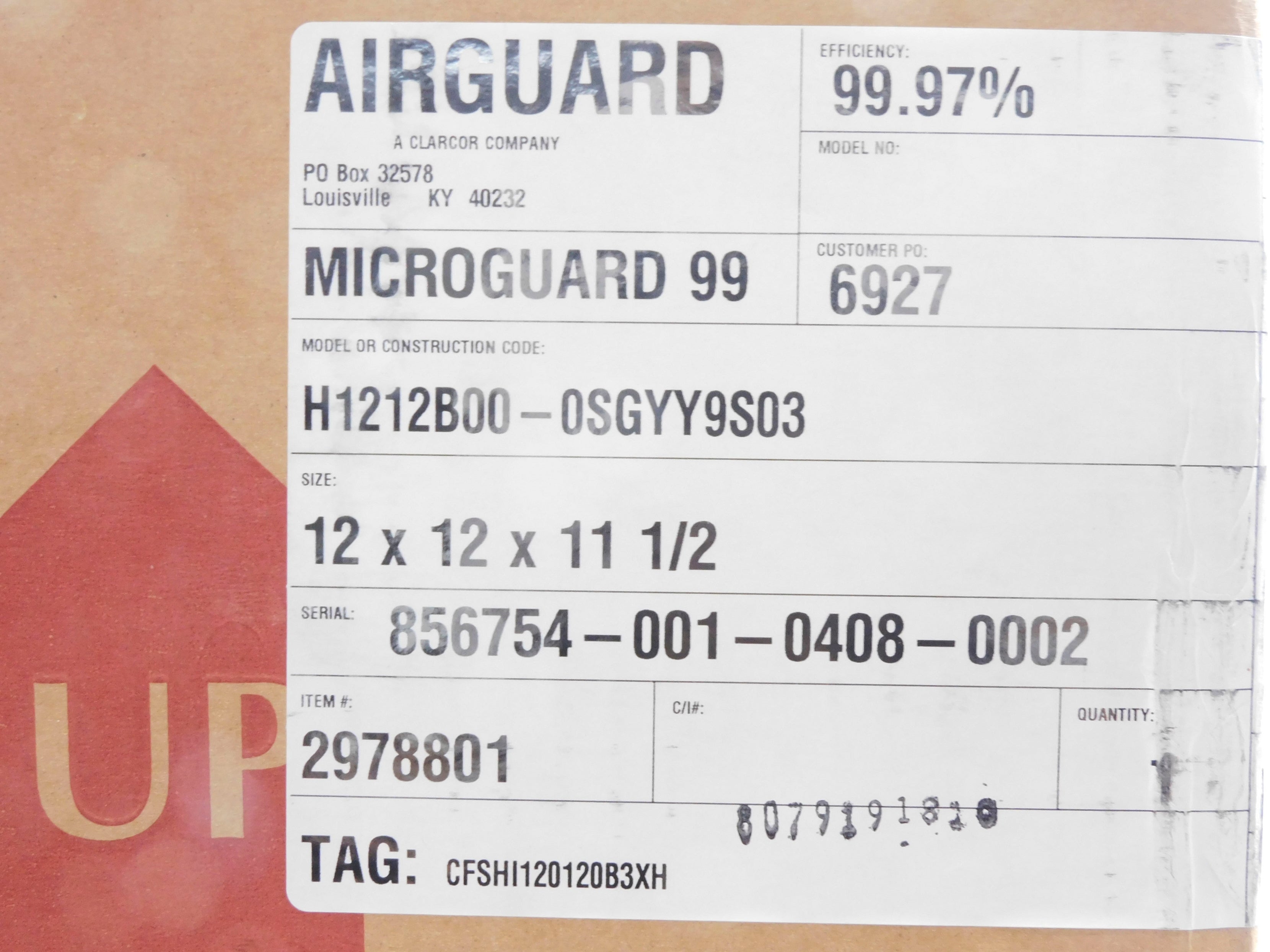 CLARCOR AIRGUARD H1212B00-0SGYY9S03 NSMP