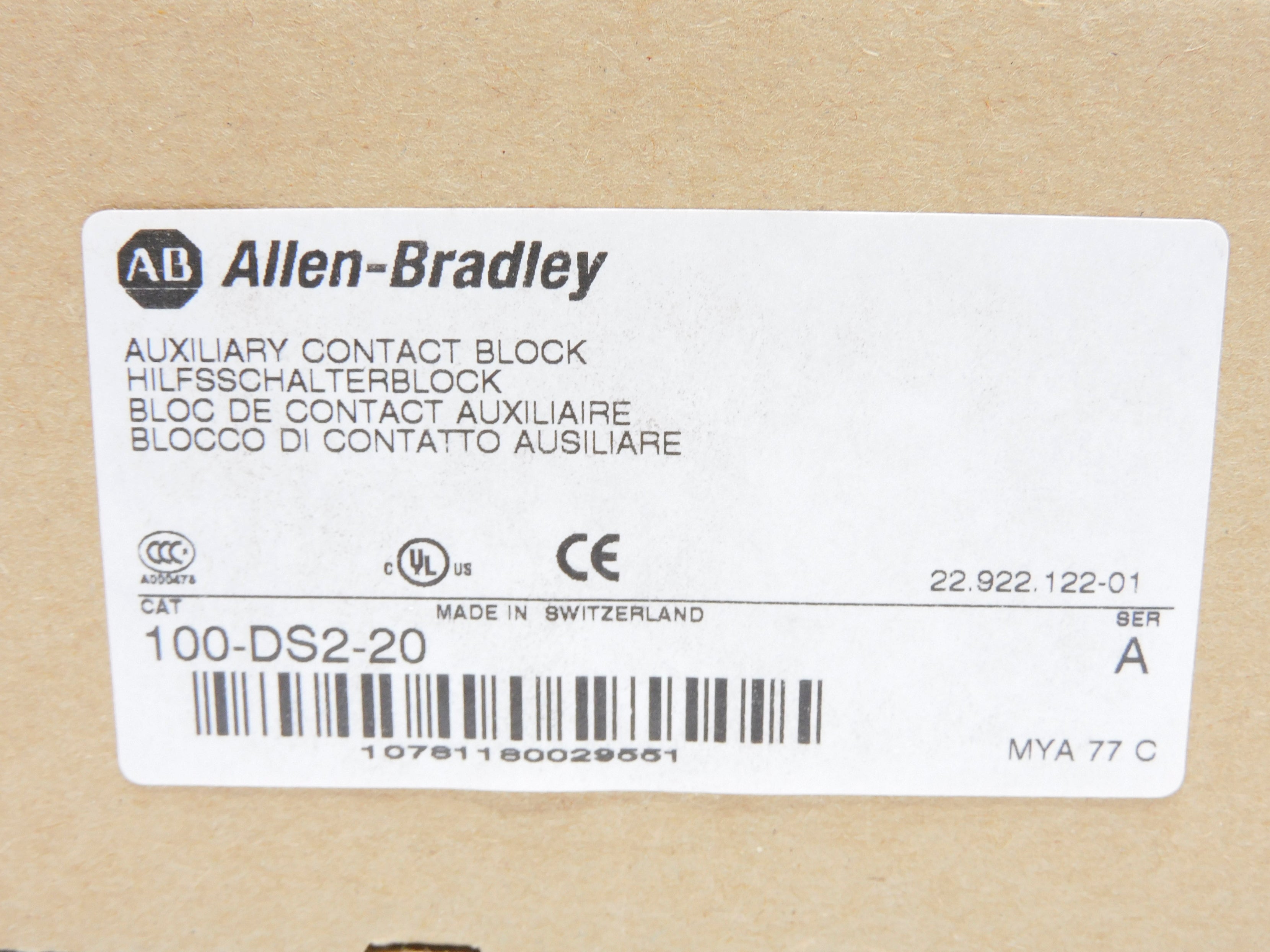 ALLEN BRADLEY 100-DS2-20 SER. A (BR/WH) NSMP