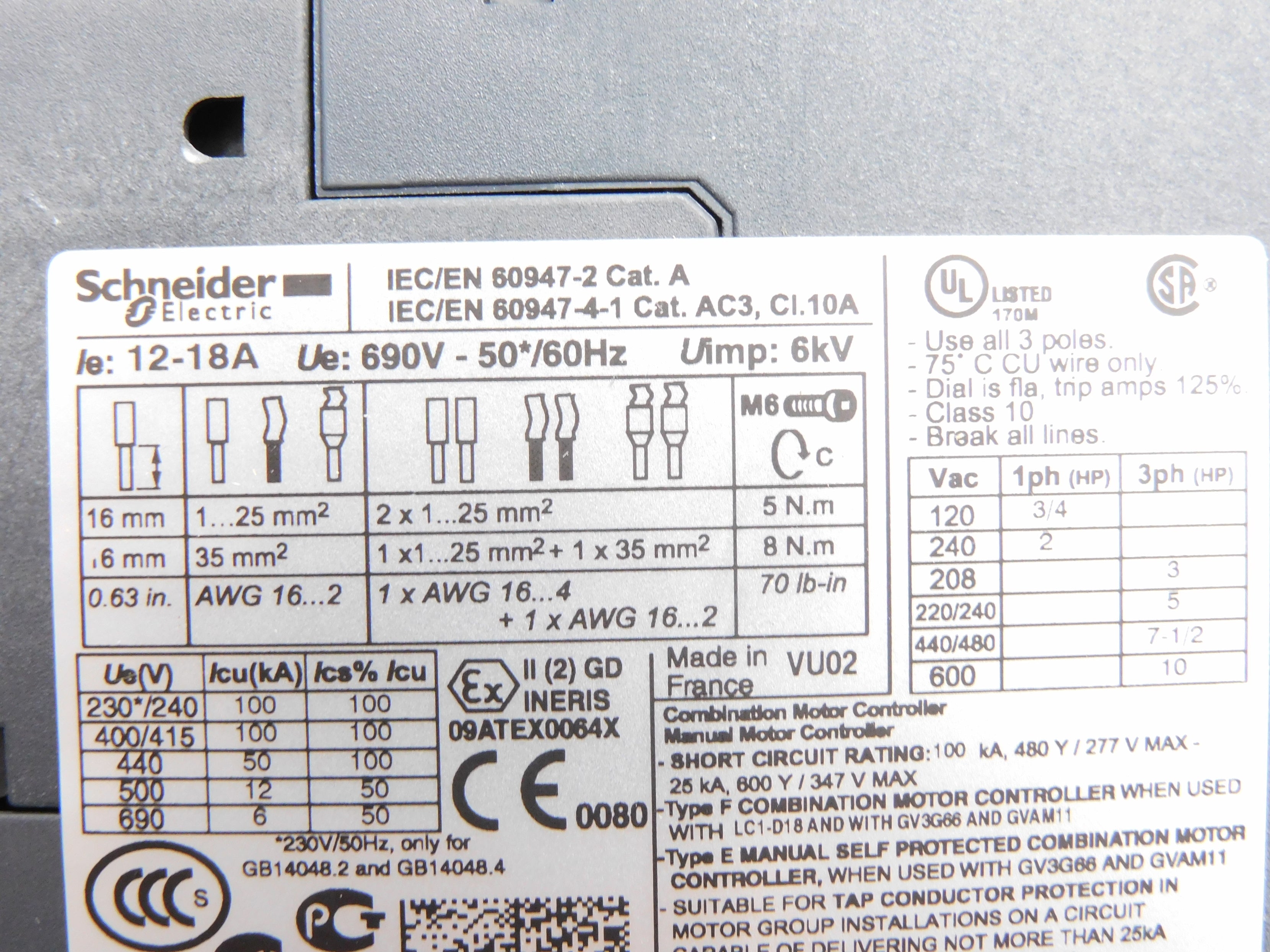 SCHNEIDER GV3P18 12-18A 690V NSMP