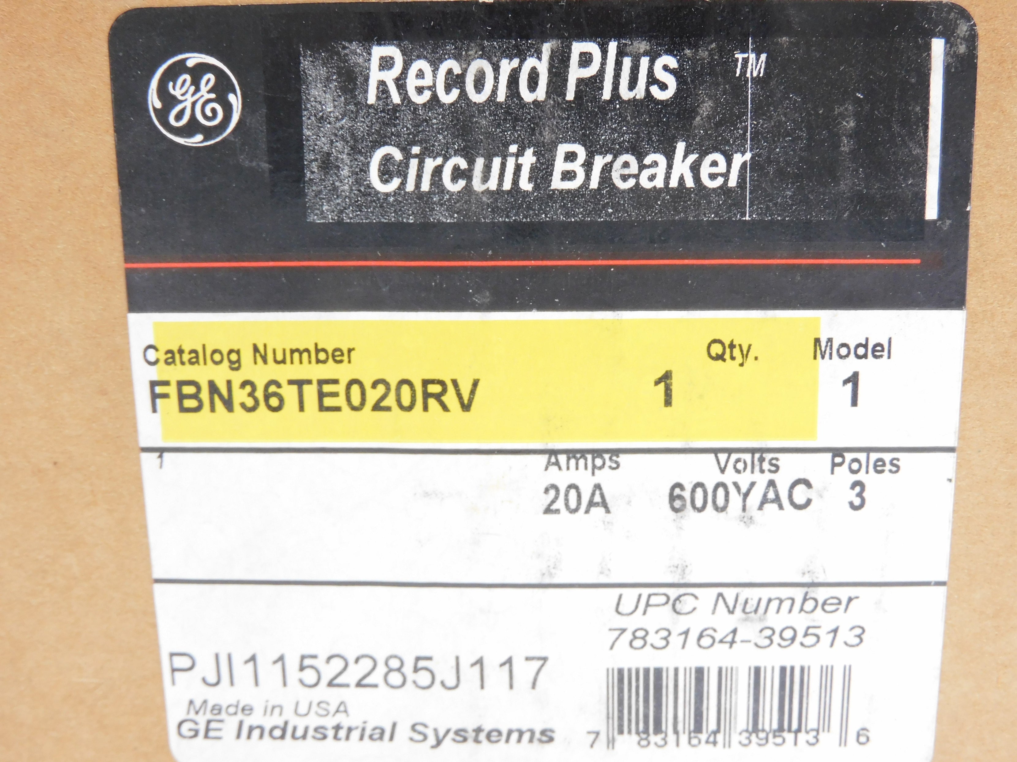 GENERAL ELECTRIC FBN36TE020RV 20A 480V NSMP