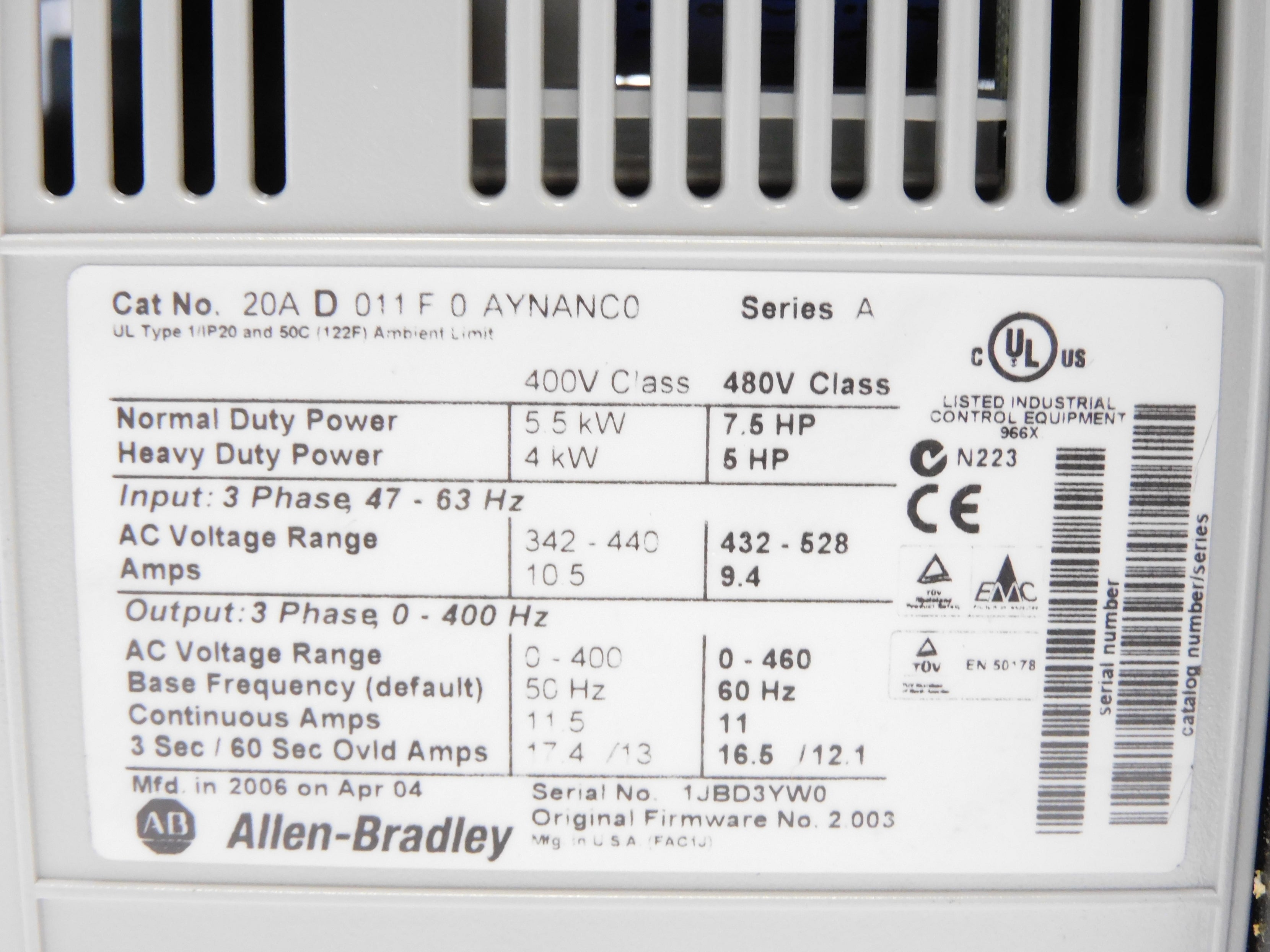 ALLEN BRADLEY 20AD011F0AYNANC0 SER. A F/W 2.003 NSNP