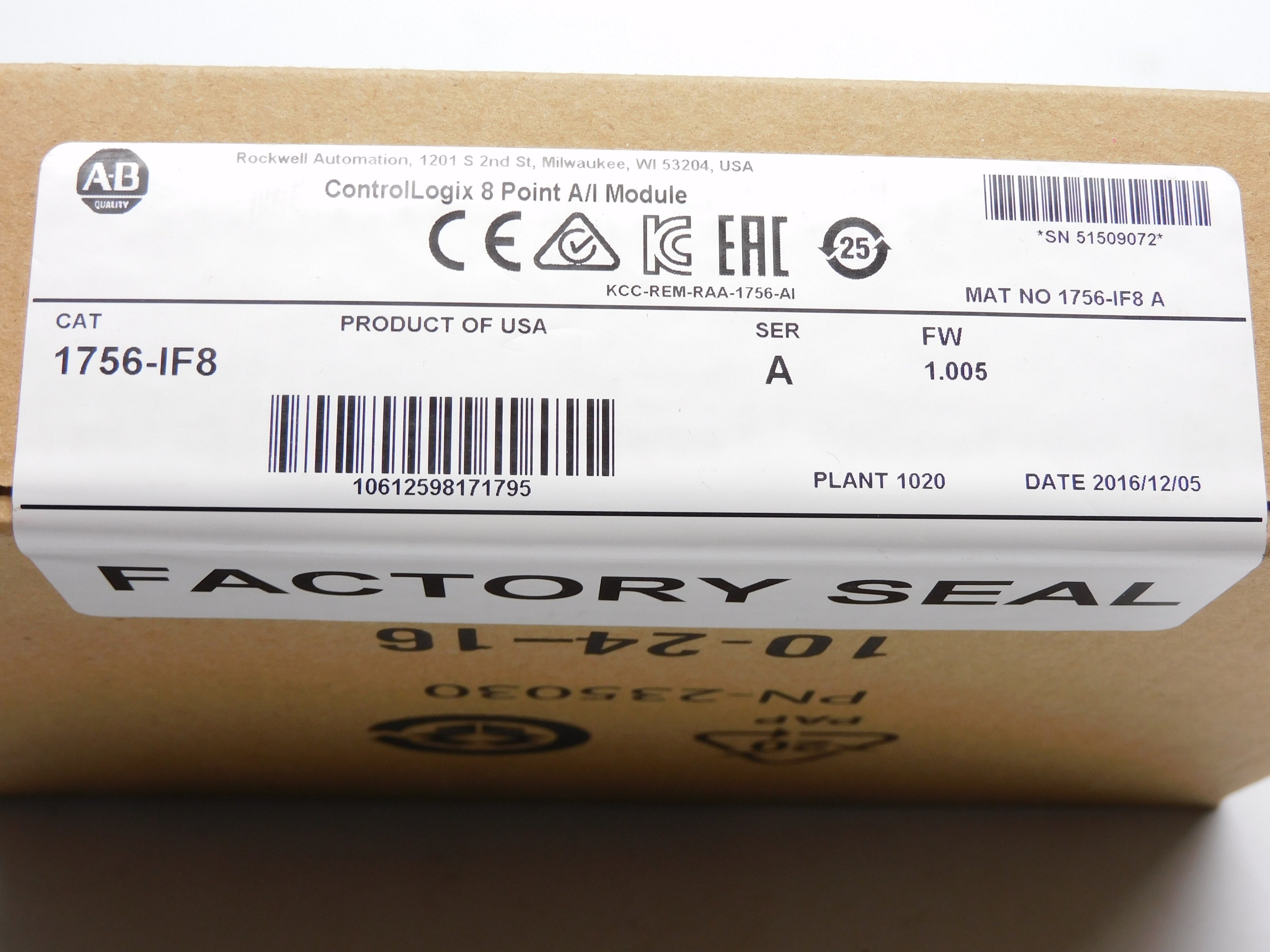 ALLEN BRADLEY 1756-IF8 SER. A F/W 1.005 DATE: 2016 NSFS