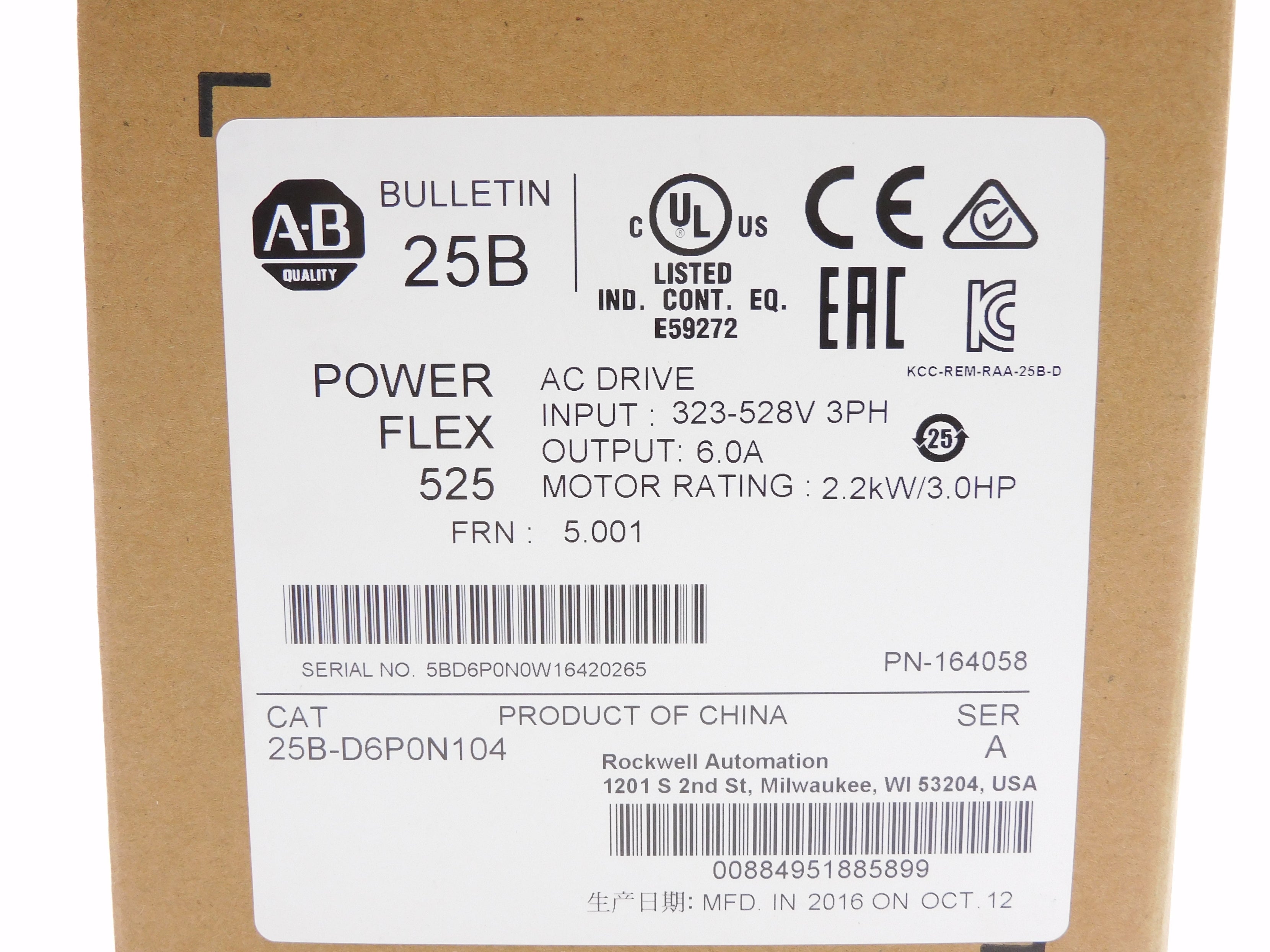 ALLEN BRADLEY 25B-D6P0N104 SER. A F/W 5.001 DATE: 2016 NSFS
