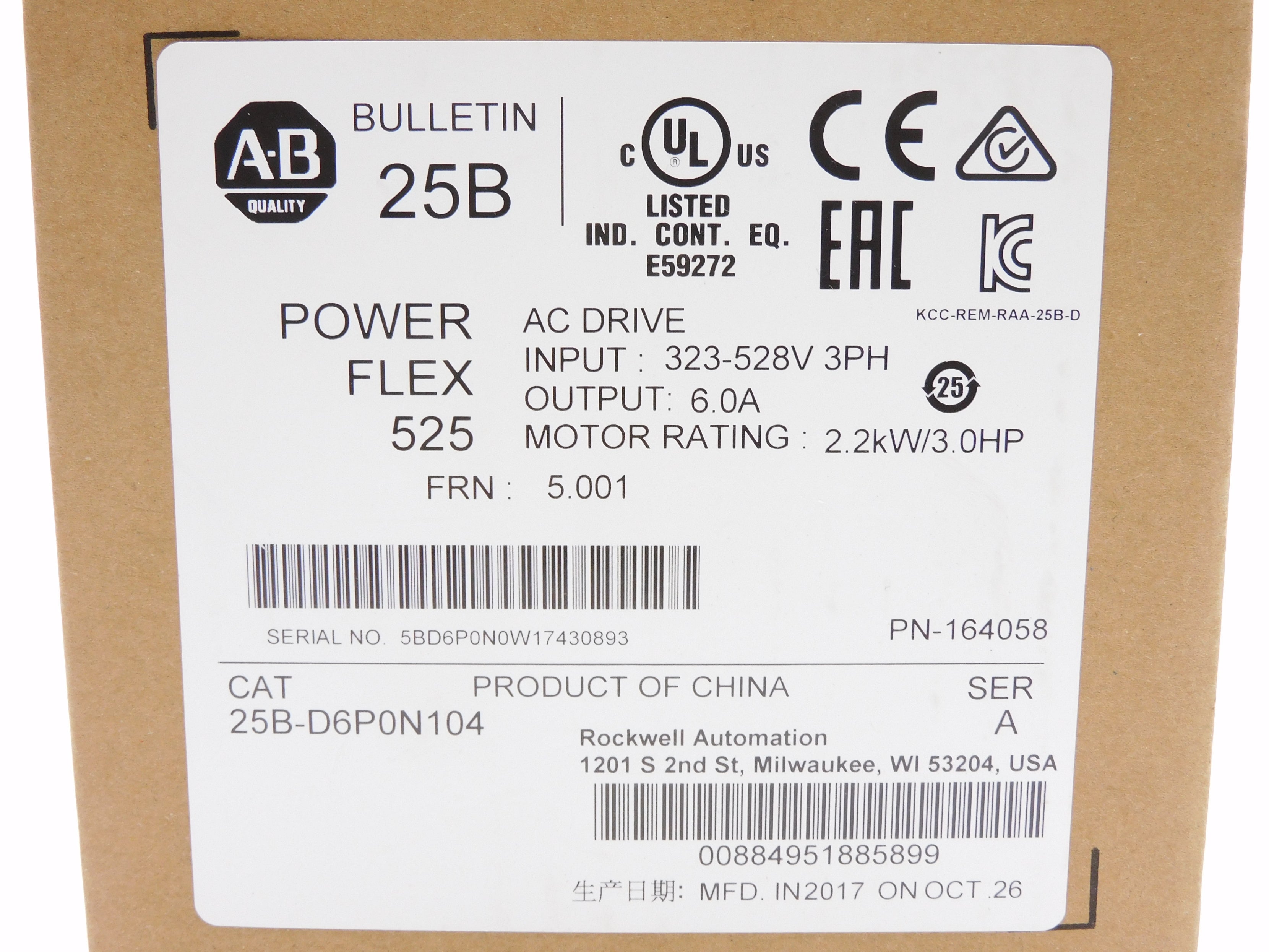 ALLEN BRADLEY 25B-D6P0N104 SER. A F/W 5.001 DATE: 2017 NSFS