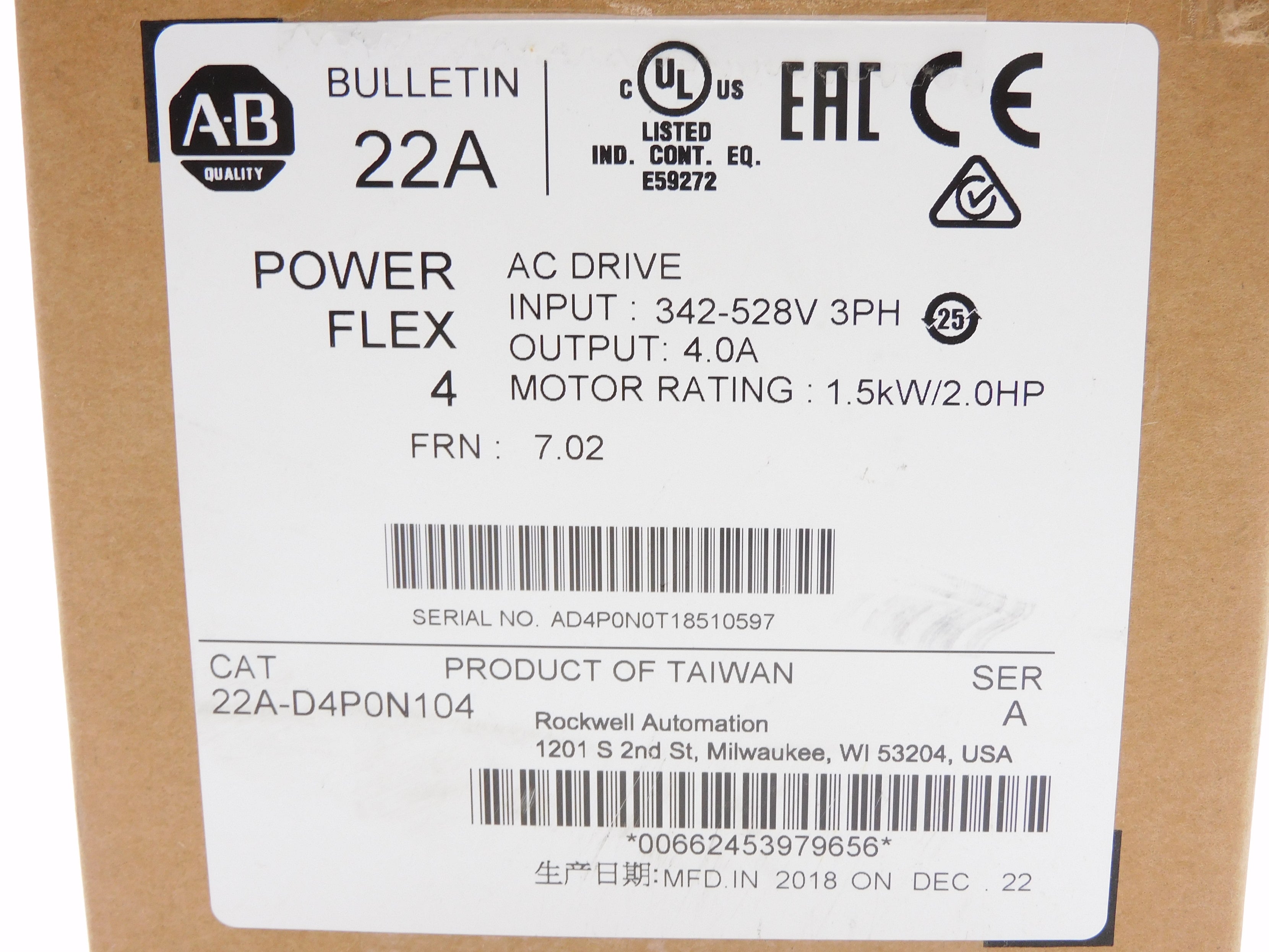 ALLEN BRADLEY 22A-D4P0N104 SER. A F/W 7.02 DATE: 2018 NSFS