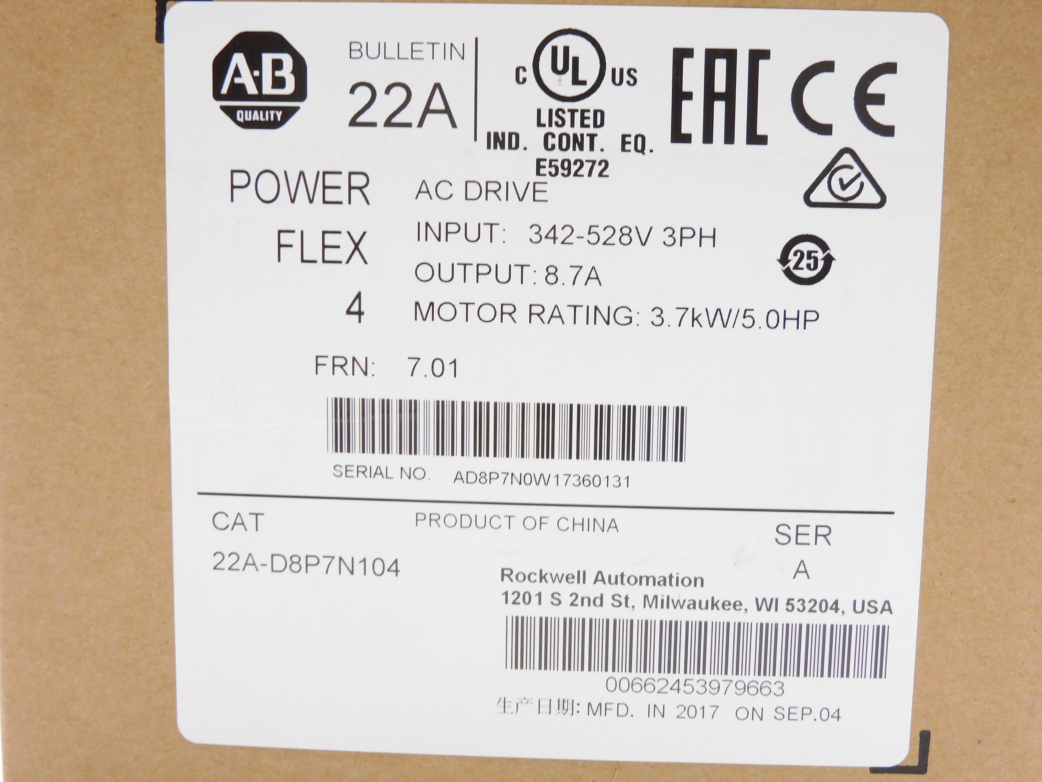 ALLEN BRADLEY 22A-D8P7N104 SER. A F/W 7.01 DATE: 2017 NSFS