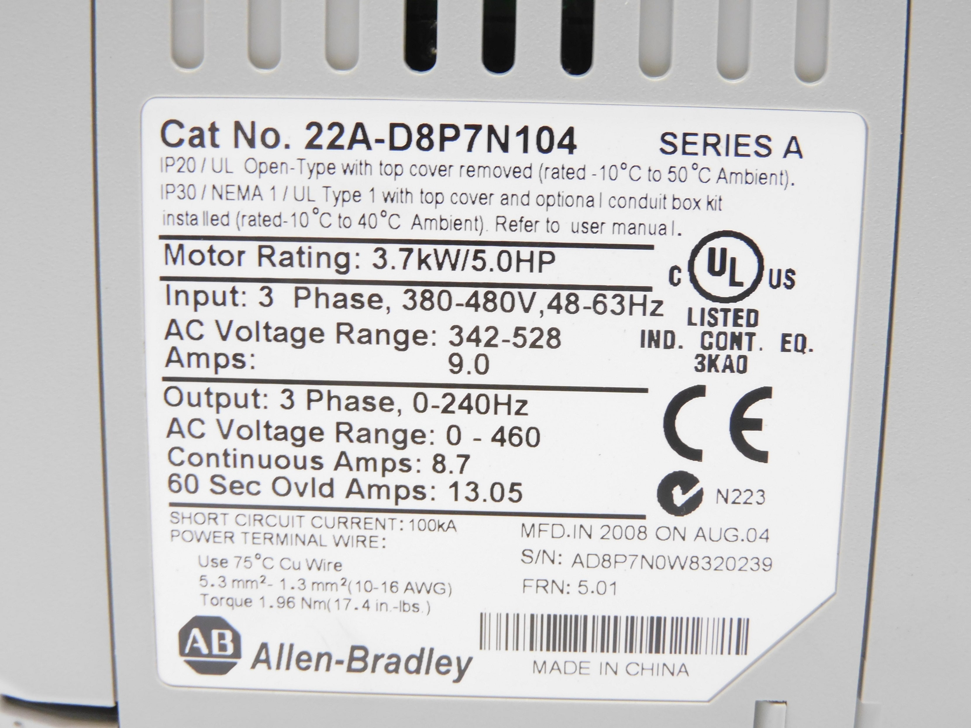 ALLEN BRADLEY 22A-D8P7N104 SER. A F/W 5.01 NSMP