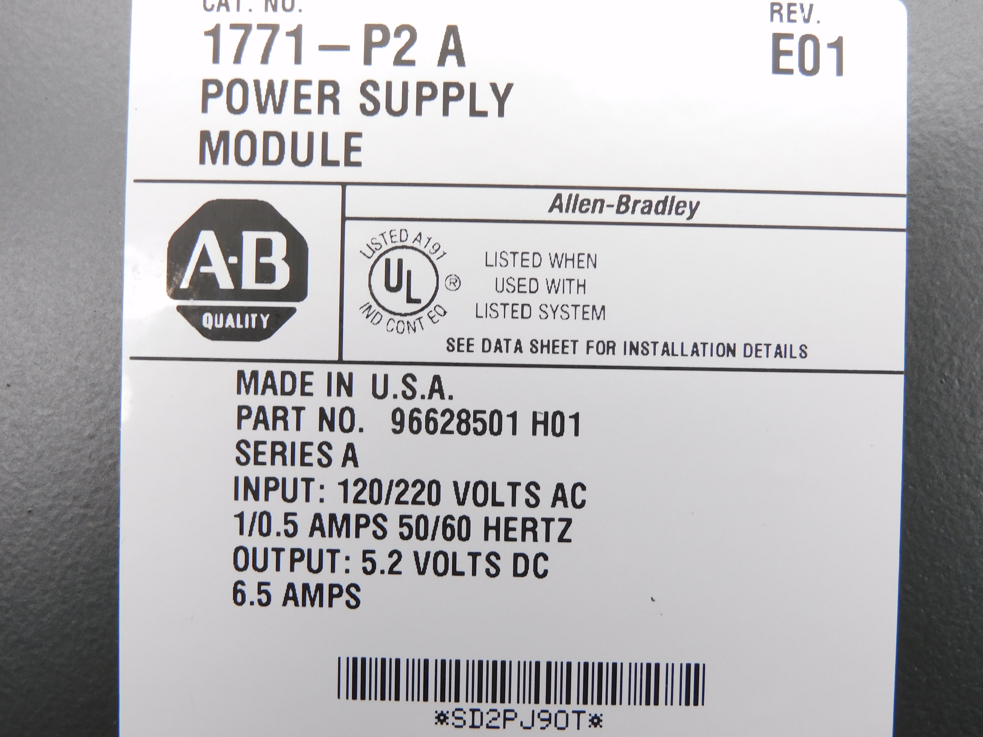 ALLEN BRADLEY 1771-P2 SER. A 120/220VAC 6.5A NSMP